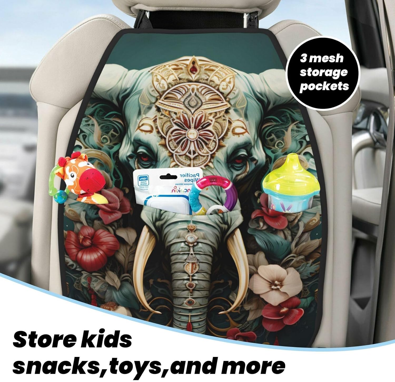 Car Seat Back Kick Protector 2 Pack 18.5x26.4 Inch, Vintage Elephant Floral Anti-Kick Pad, Waterproof Oxford Fabric Large Rear Seat Cover for Kids Pets Fits SUV Jeep Truck Sedan