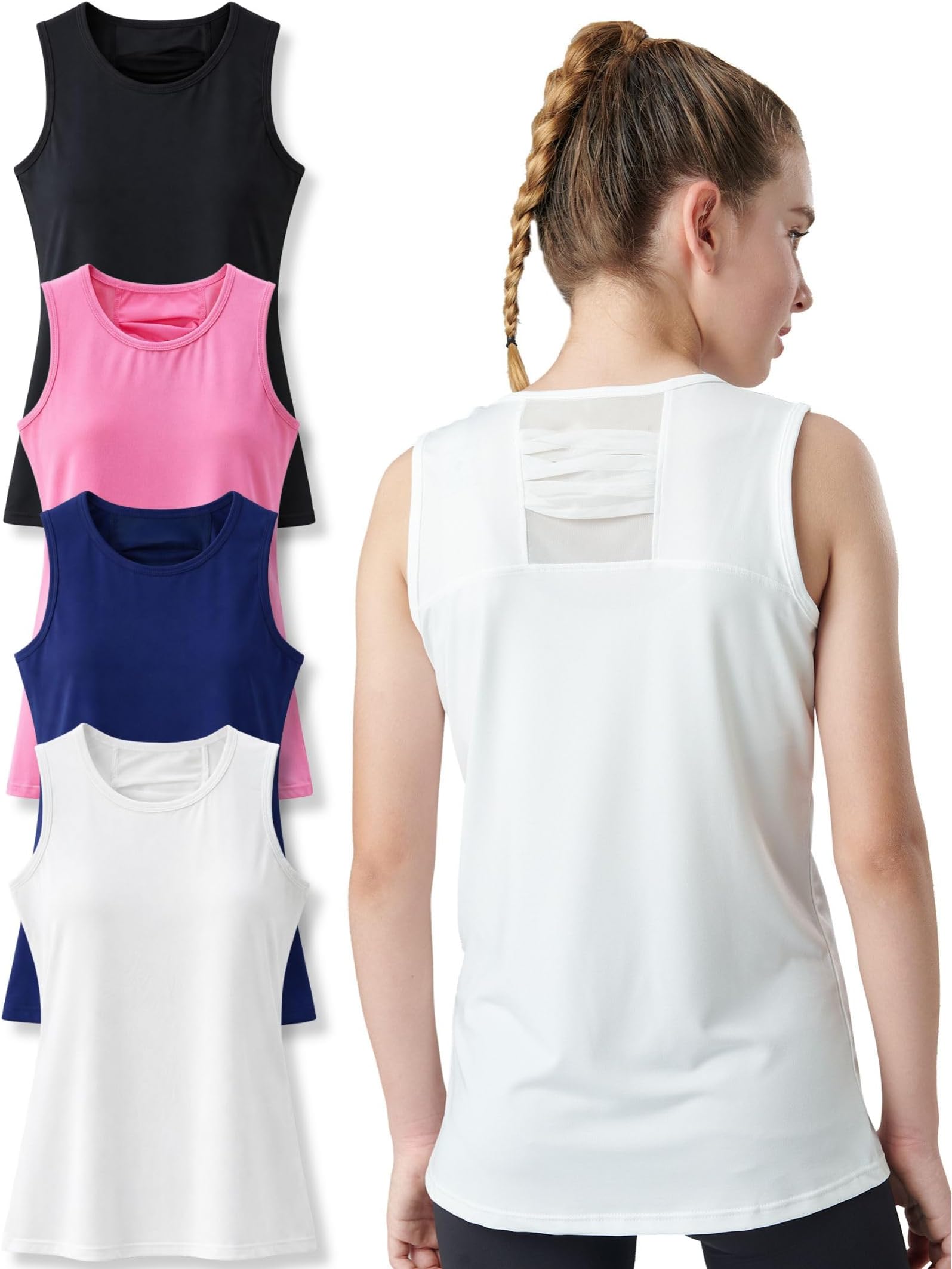 4 Pack Girls' Athletic Tank Tops, Mesh Back Dry Fit Active Shirts, Youth Workout Running Dance Gymnastics Tops