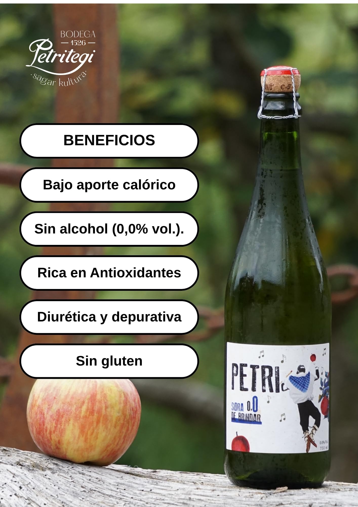 Sidra Petri Sin Alcohol 75 cl – Sidra Natural Refrescante y Sin Gluten de la Bodega Petritegi – Elaborada con Manzanas Seleccionadas (Pack 3)