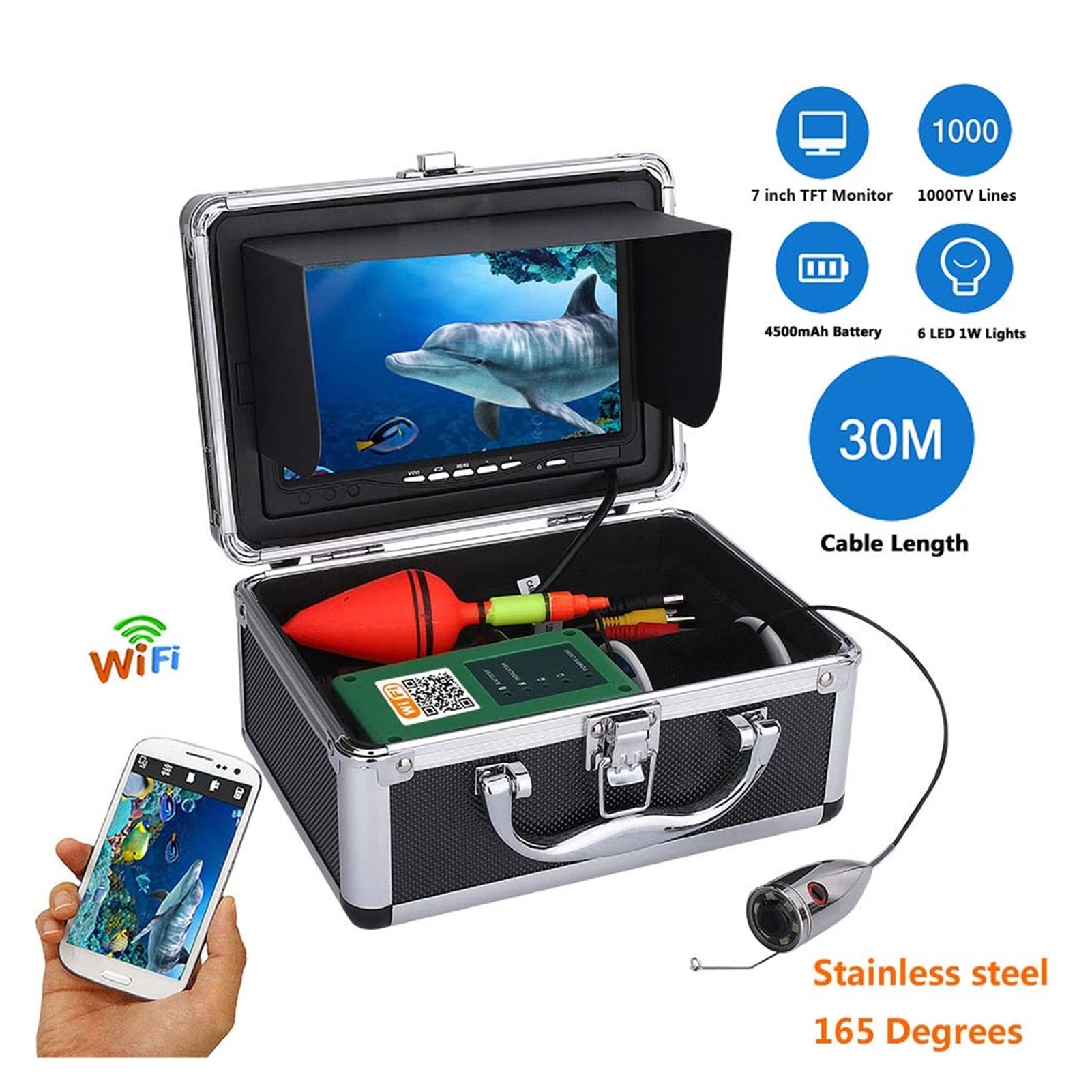 Buscador de Peces, 7" HD Cámara de Pesca con WiFi inalámbrica 15m bajo el Agua for iOS Androide App Soporta grabación Video y Toma Foto, 100. 0tvl