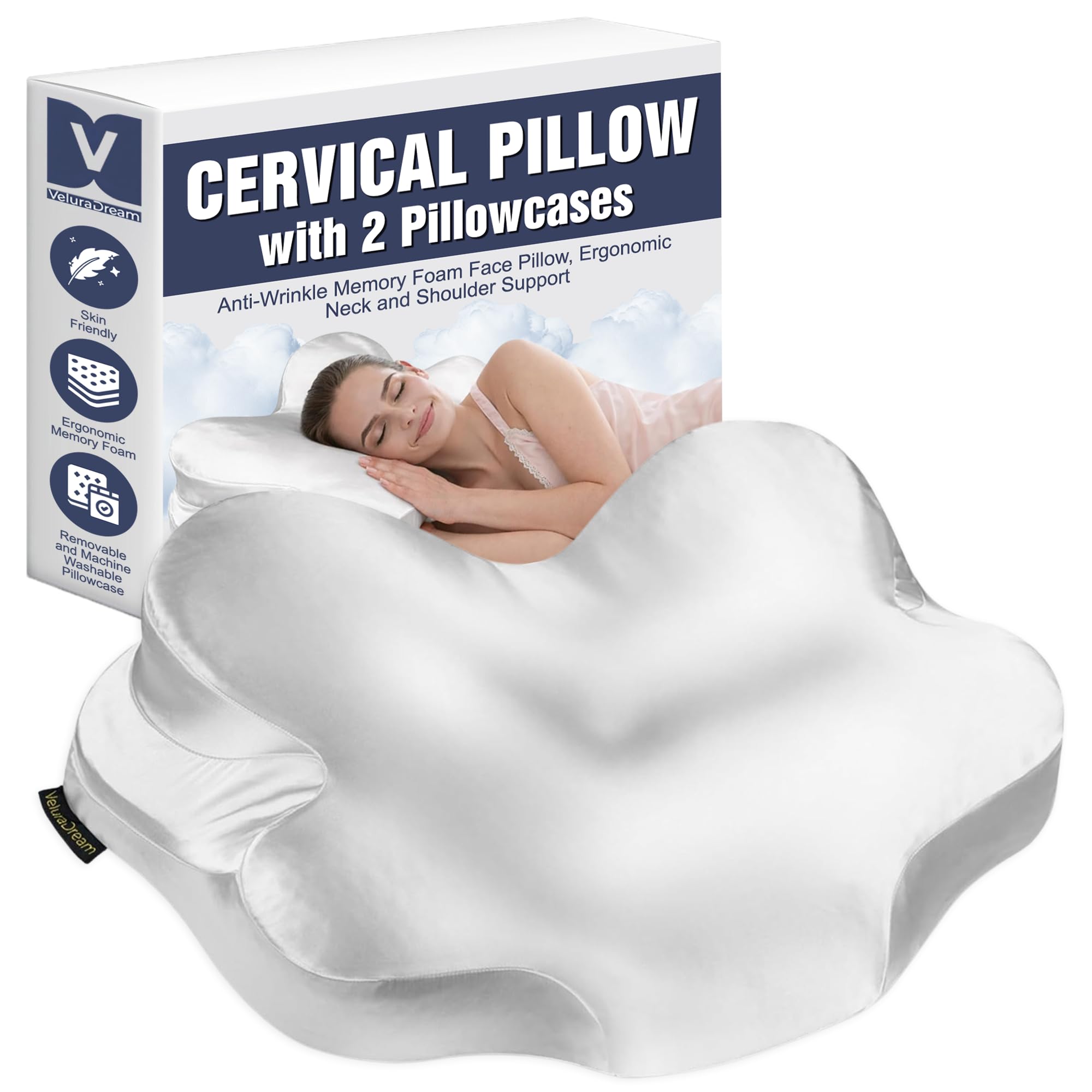 Anti Wrinkle Neck Pillow for Face Skin - Cervical Beauty Pillow with 2 Cooling Pillowcases Memory Foam Support