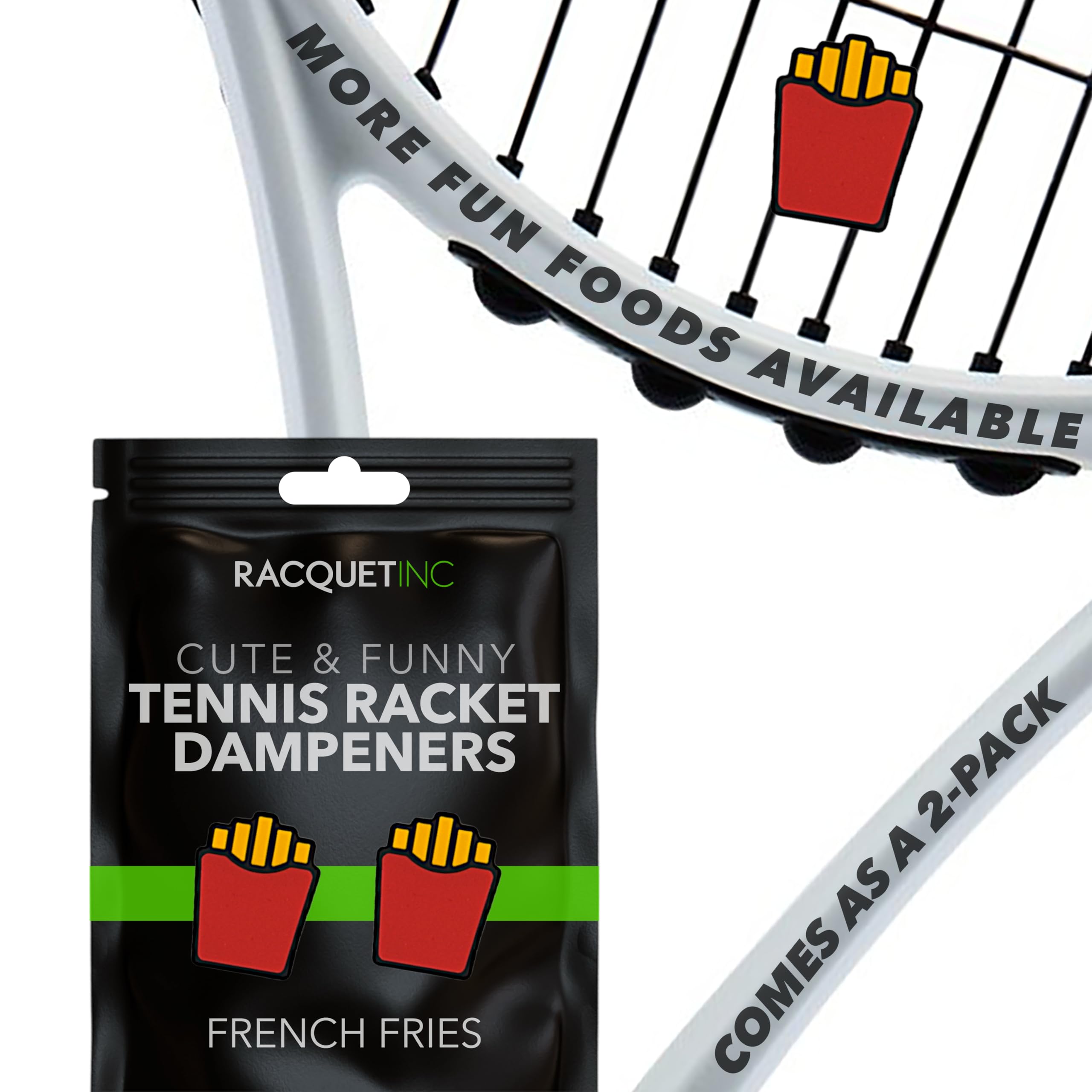 Racquet Inc. - Tennis Racket Vibration Dampeners - Shock Absorbing, Reduces String Vibration for Better Control & Comfort - Universal Fit for All Racquets - 2 Pack (French Fries) — image 1