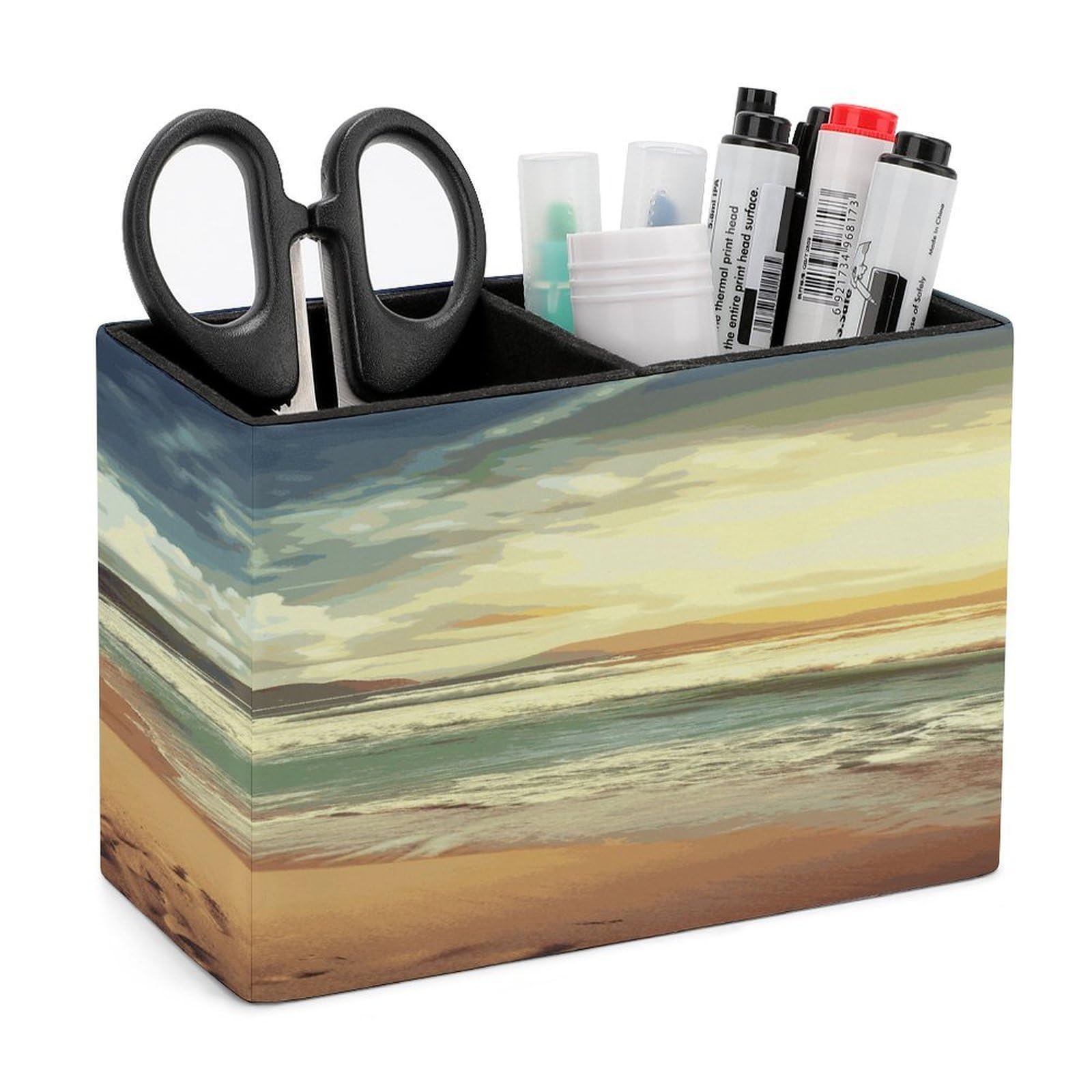 FekiLoot Sunset on The Beach Leather Pen Holder for Desk Double Compartments Brush Minimalist PU Leather Pencil Holder Locker Organizer for Work Locker Accessories Pencil Cup for Desk