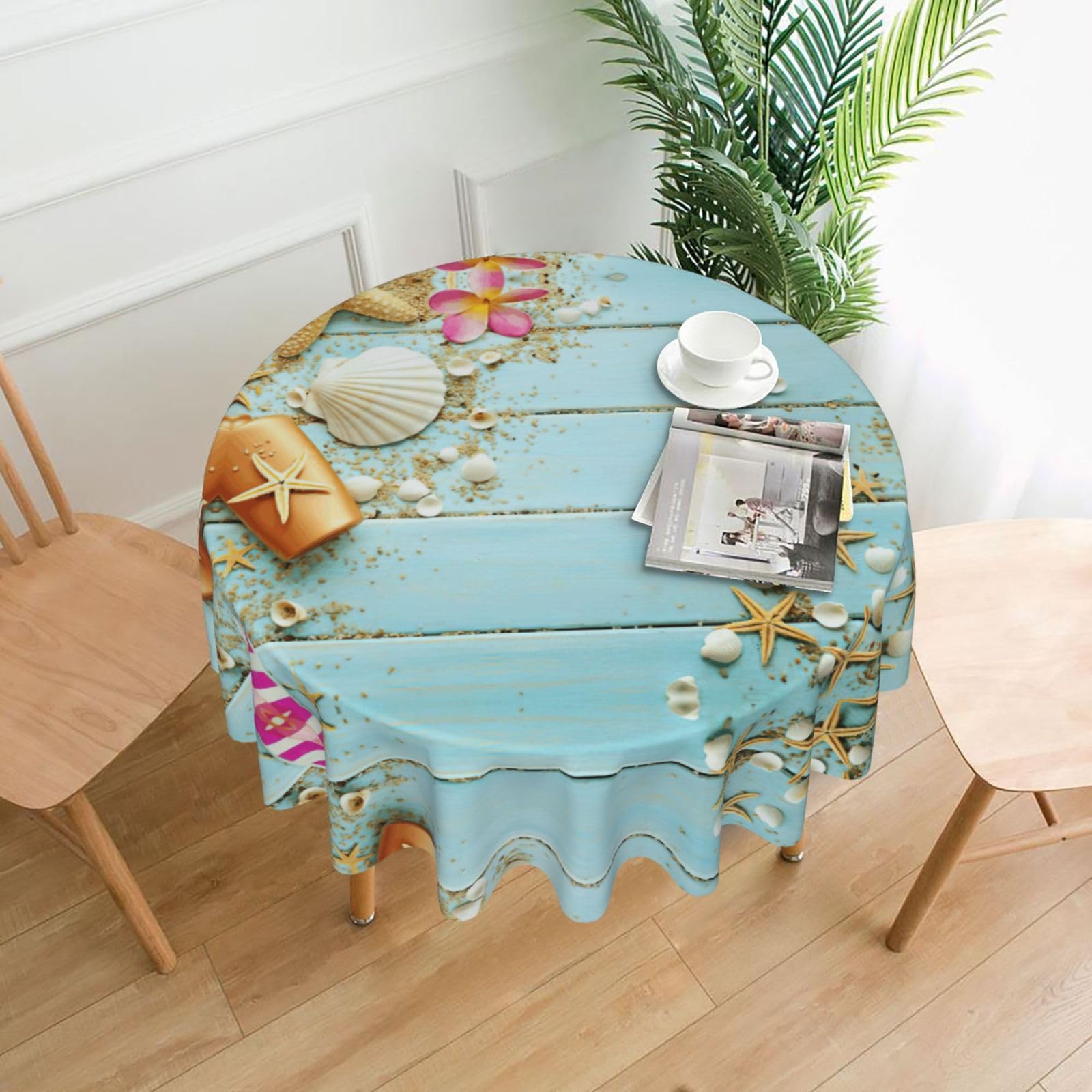 Zcmkjlg Beach Theme Seashells Print Quick Ship Round Tablecloth 60in Polyester Washable Cover for Dining Room