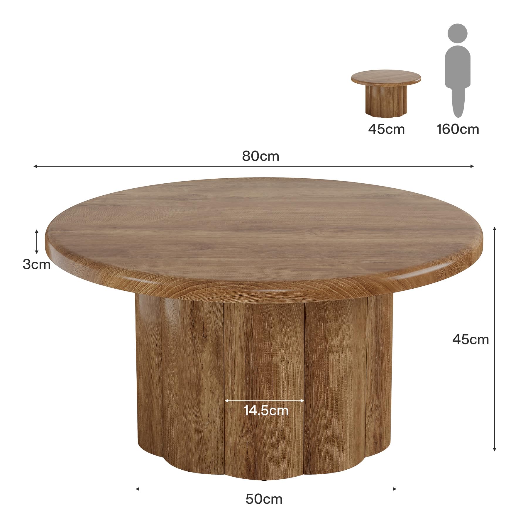 Tribesigns Tavolino Rotondo in Legno 80 cm – Design Moderno con Base a Tamburo Scanalato – Tavolo da Caffè in MDF Resistente per Soggiorno, Casa, Ufficio – Marrone