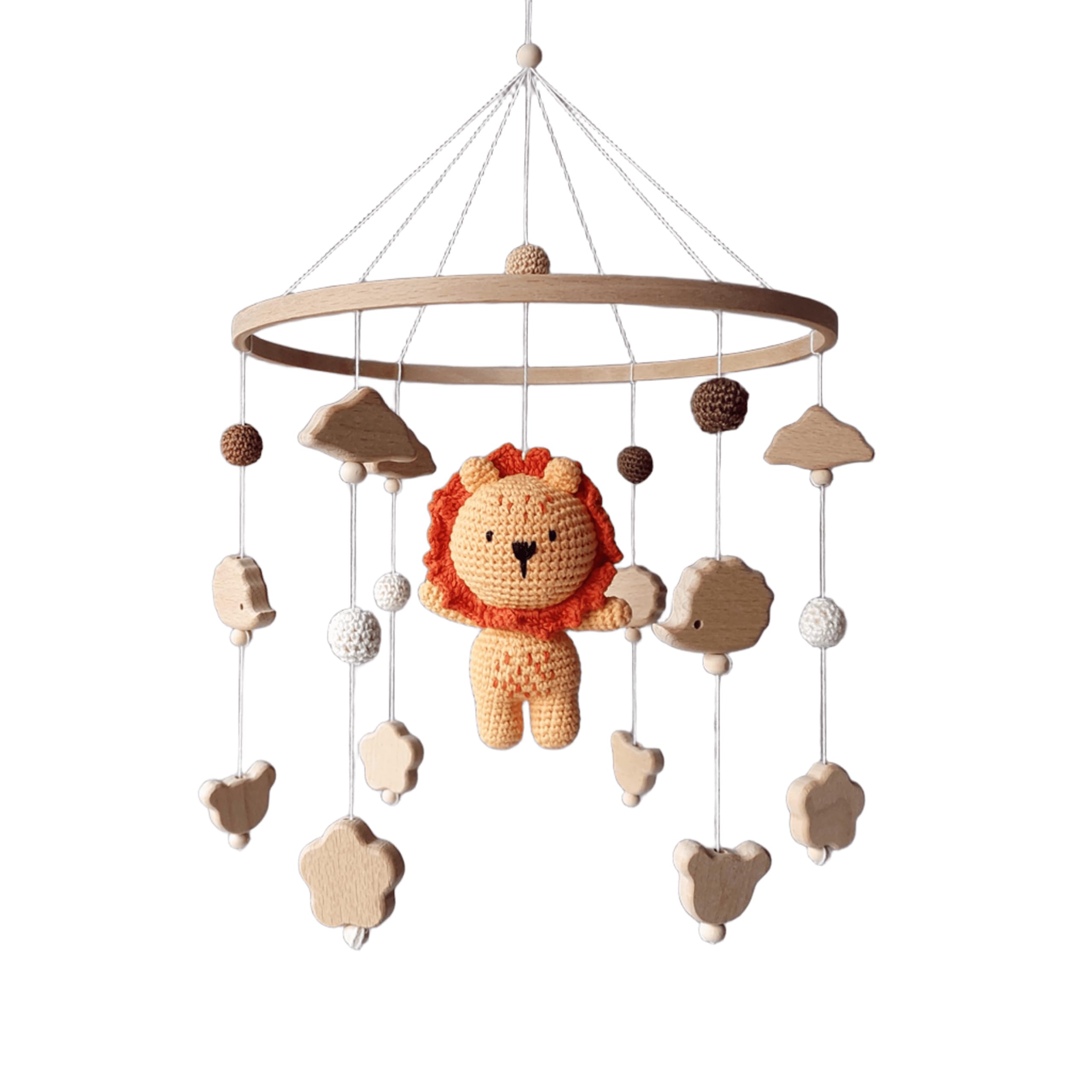Baby Mobile mit gehäkeltem Löwen – Handgemachtes Kinderbett Mobile aus Holzperlen und Baumwolle – Safari Deko fürs Babyzimmer – Neugeborenen Geschenk