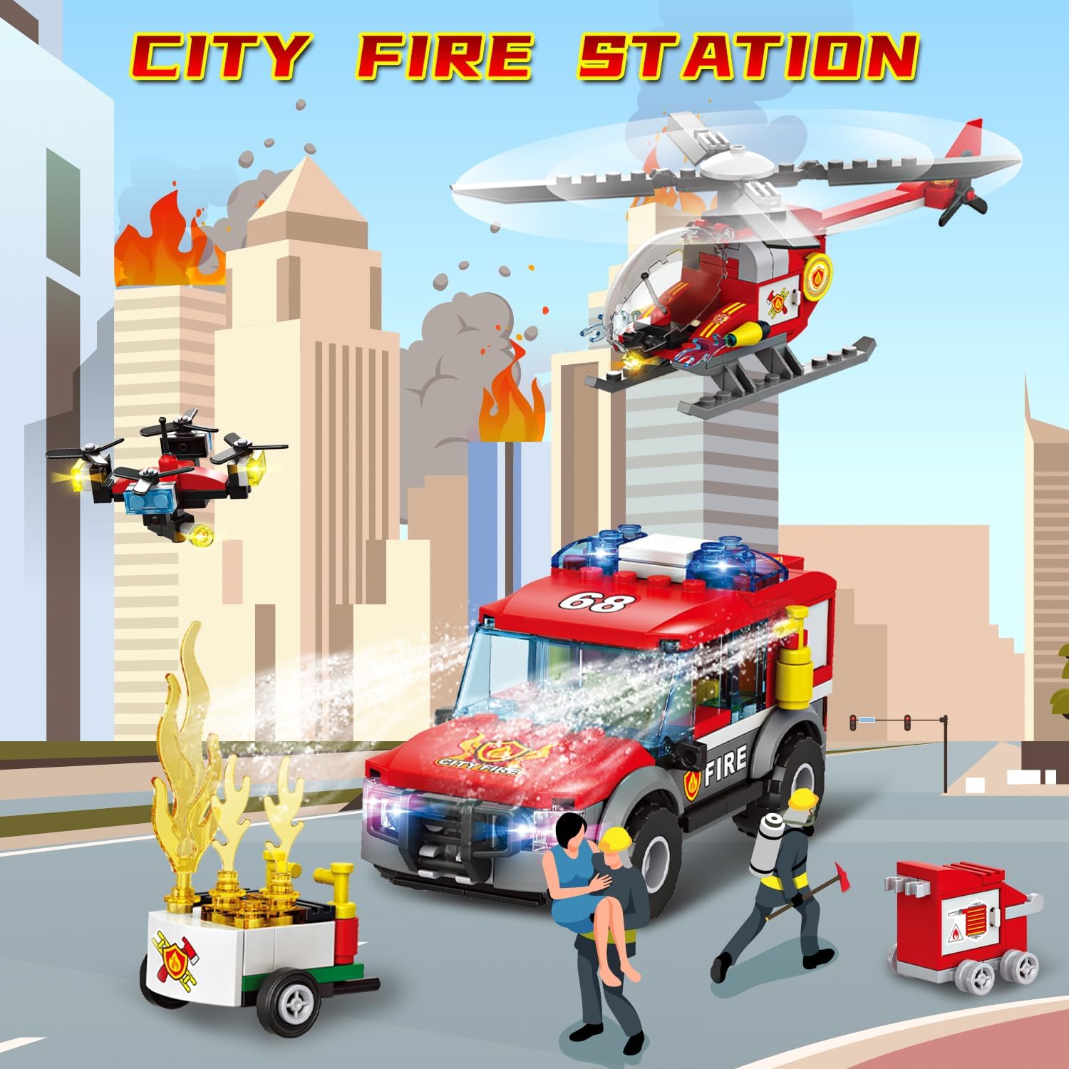City Fire Station Building Kit, Compatible with Lego Fire Rescue Building Blocks, Includes Fire Station, Fire Truck, Fire Helicopter and Drone Toy Set Gift for Kids Boys Girls Age 6-12（784 PCS）