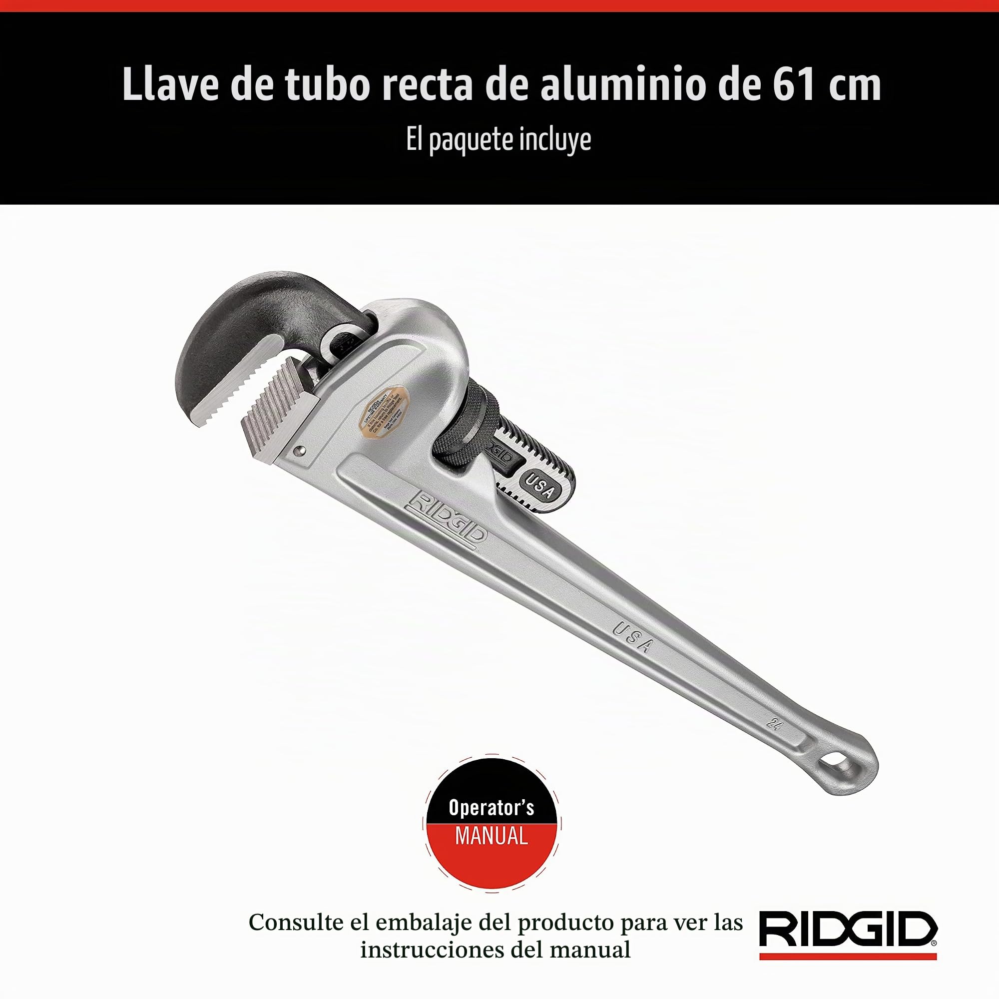 RIDGID 31105 Modelo 824 Llave recta de aluminio para tubo, Llave de fontanería de 24 pulgadas