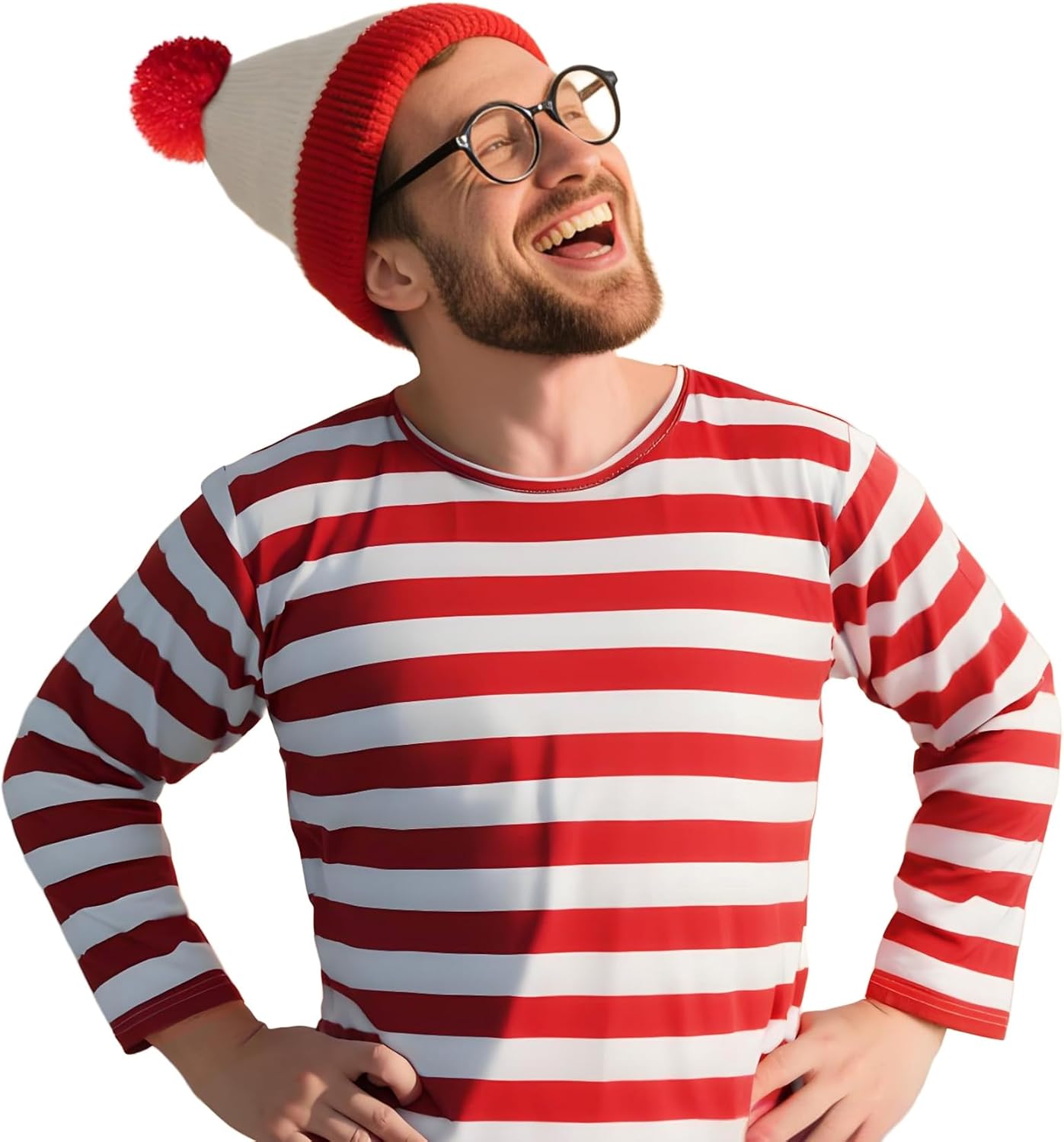 Adults Red and White Striped Shirt Costume Halloween Cosplay Outfits Sweatshirt Long Sleeve Shirt Hat Glasses - Image 2