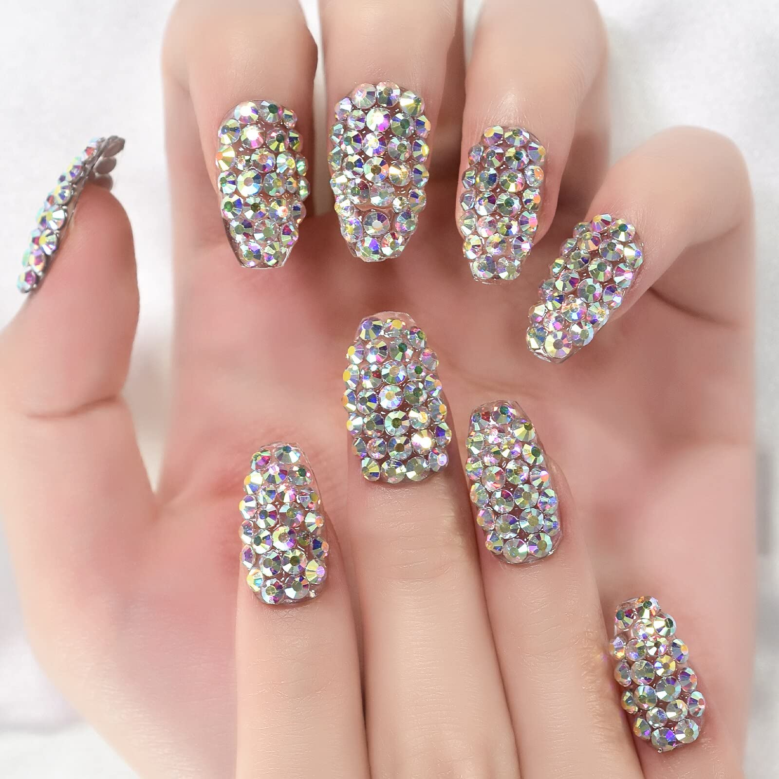 Unghie finte di lusso con diamanti brillanti, finitura a forma di dito, strass 3D, gemme, copertura totale, lucide, riutilizzabili, stile bara