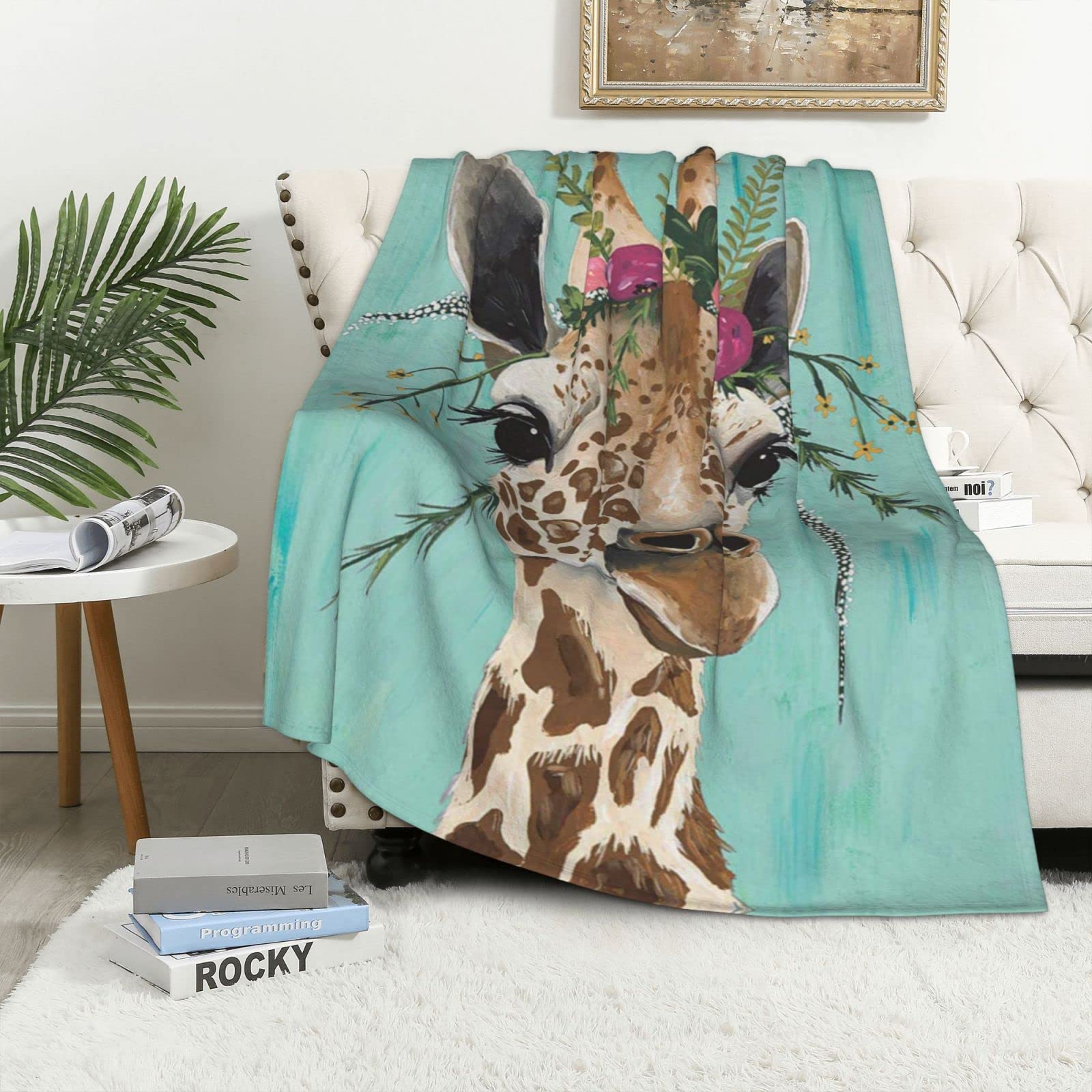 Couverture polaire motif girafe pour cocooning sur canapé et sofa