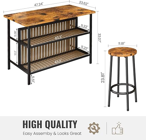 Miniatura 7 de Lamerge Juego de mesa de bar y sillas de 3 piezas, juego de mesa de bar industrial para 2 islas de cocina con asientos, mesa de altura de mostrador