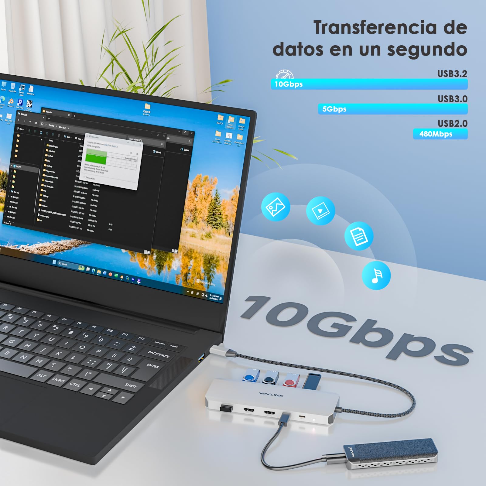 WAVLINK Estación de Acoplamiento para Laptop, concentrador USB C de 10 G con HDMI Dual, 100 W, USB-A/C 3.2 de 10 Gbps/5Gbps/Versión de actualización 2.0, Gigabit Ethernet para DELL/HP/Lenovo, etc., | Una sola salida 4K@60Hz, entrada de 100 W, 3 puertos US