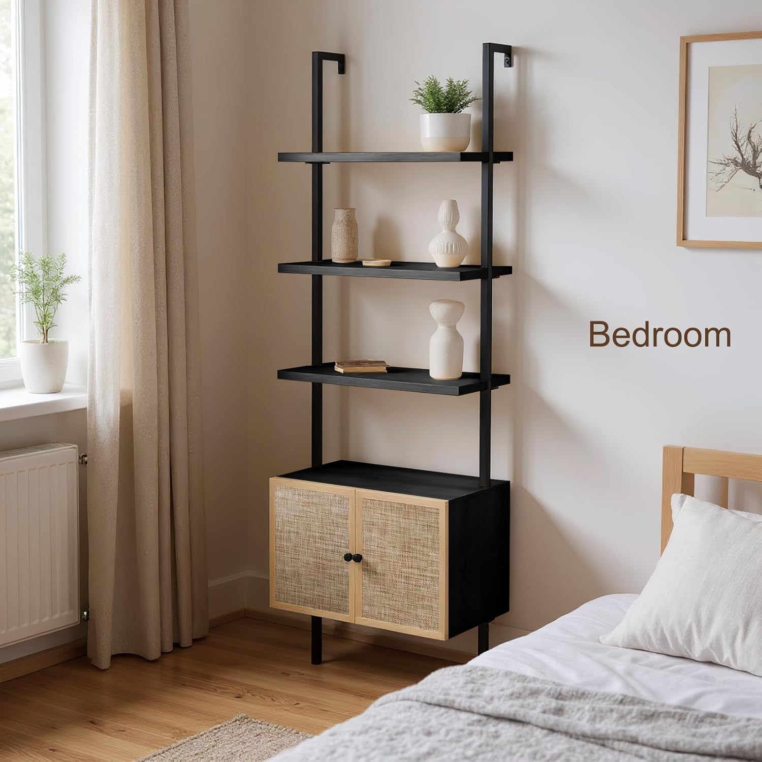 Rattan Bookcase, 6 Tier Ladder Bookshelf with Rattan Cabinet, Wall Mount Tall Bookshelves and Bookcases with Metal Storage Shelves Display for Living Room Bedroom Home Office, Black