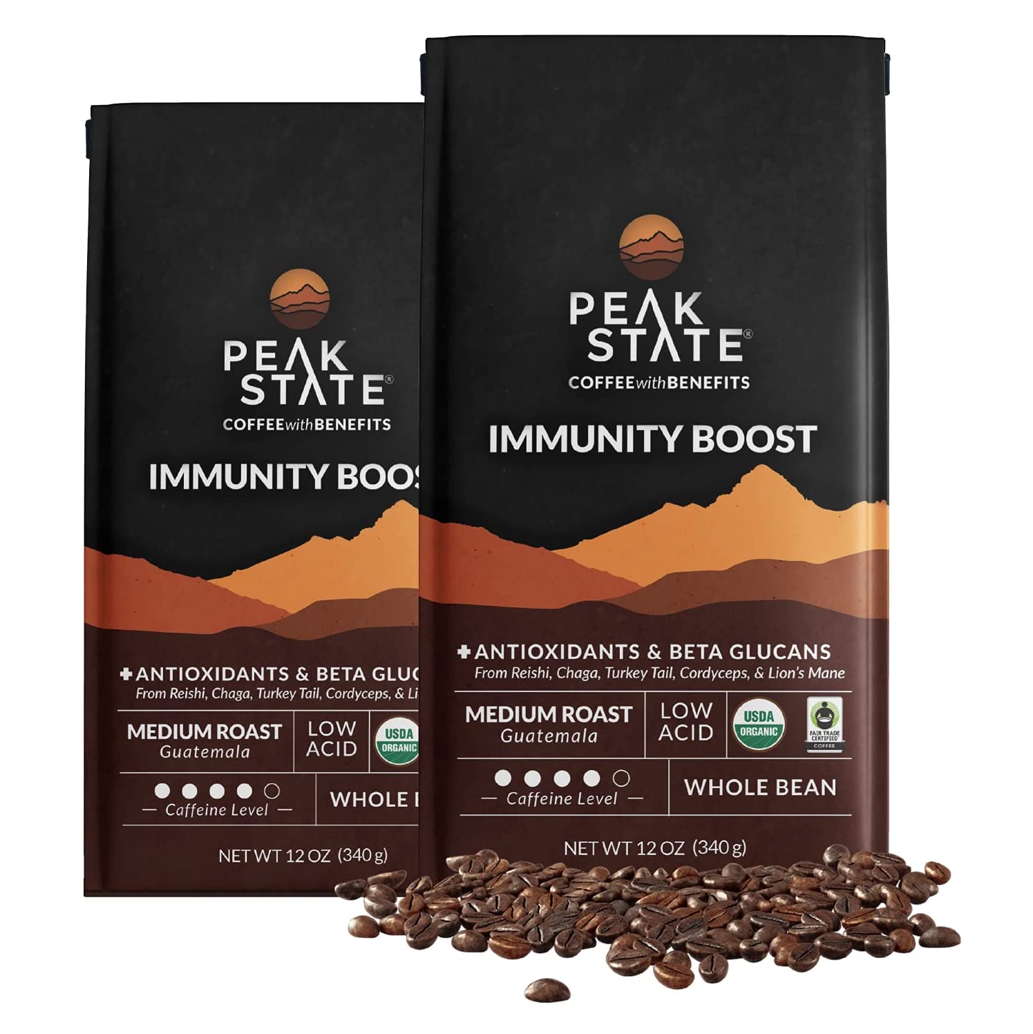 Peak State Immunity Boost Medium Roast – Organic Mushroom Coffee, Low Acid & Smooth, Dark Chocolate & Sweet Grape Notes, Whole Bean, Gluten Free, 12 oz (2 Pack)