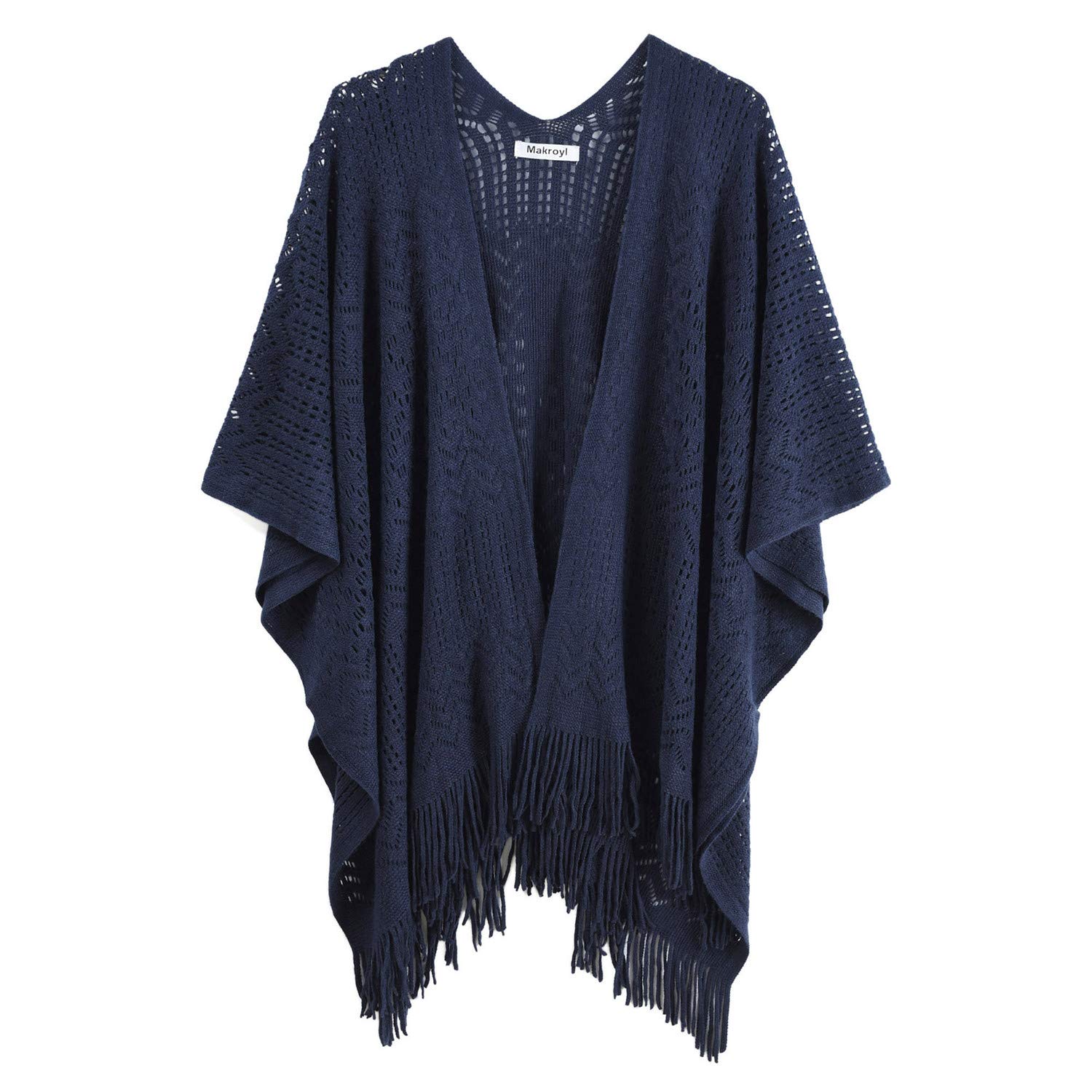 Makroyl Women's Navy Knit Wrap Shawl Cape Knitted Scarf Tassel Open Poncho Cardigan (Navy)