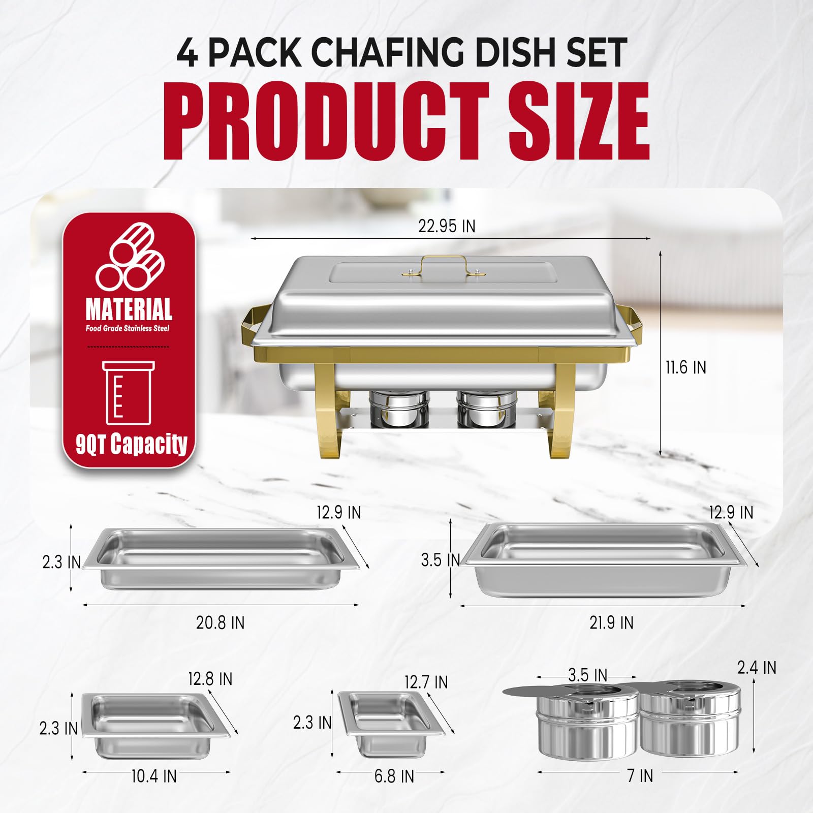 IMACONE Juego de 4 platos dorados de acero inoxidable de 9 cuartos de galón y calentadores de buffet, 7 sartenes con sartén completa de 1/2, 1/3 para alimentos y agua, tapa, marco plegable, soporte de