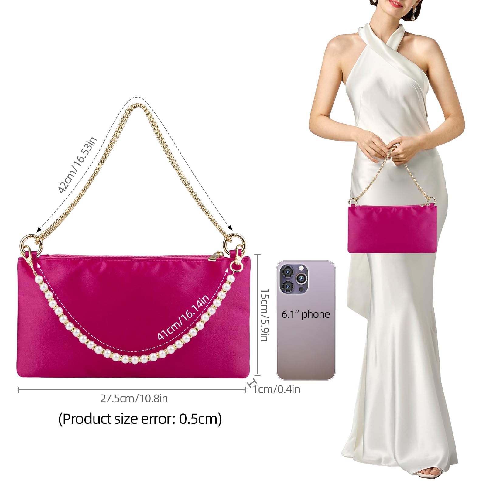 MGBPEI Bolso de noche de satén para mujer, para boda, graduación, formal, cóctel, fiesta, bolso de hombro con 2 cadenas