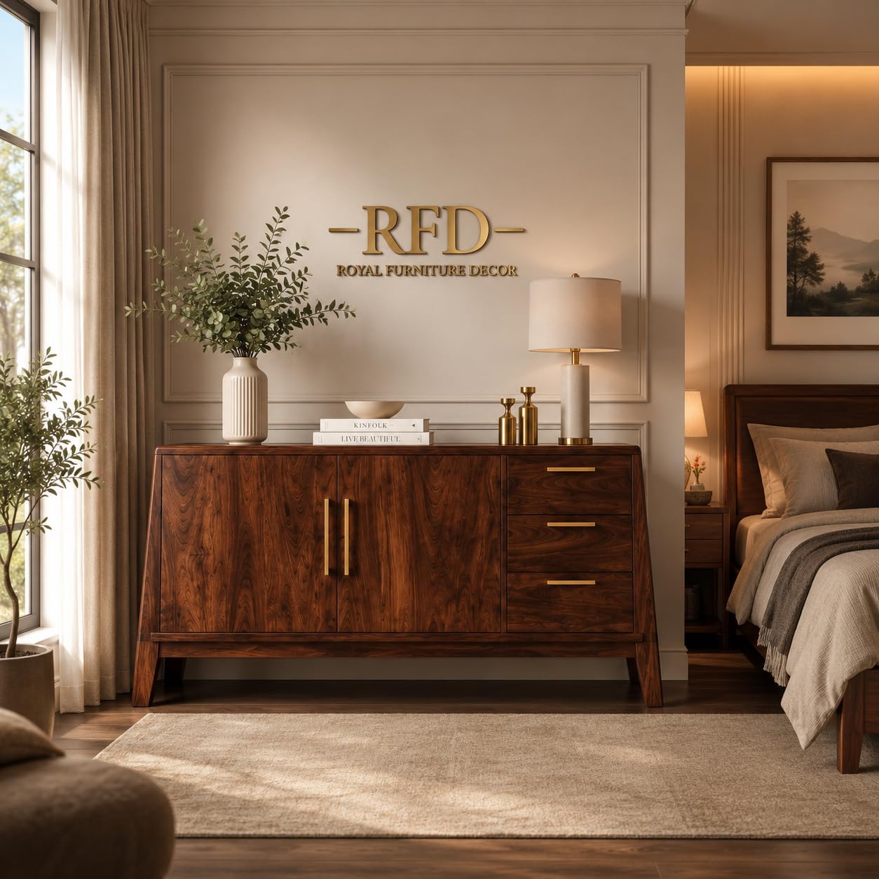 Royal Furniture Decor Wooden Sideboard Cabinet with 3 Drawers | Solid Sheesham Wood, 2 Doors & 3 Drawers, Spacious Storage, Brass Finish Handles, Dark Walnut Finish, Fully Assembled-picture-11