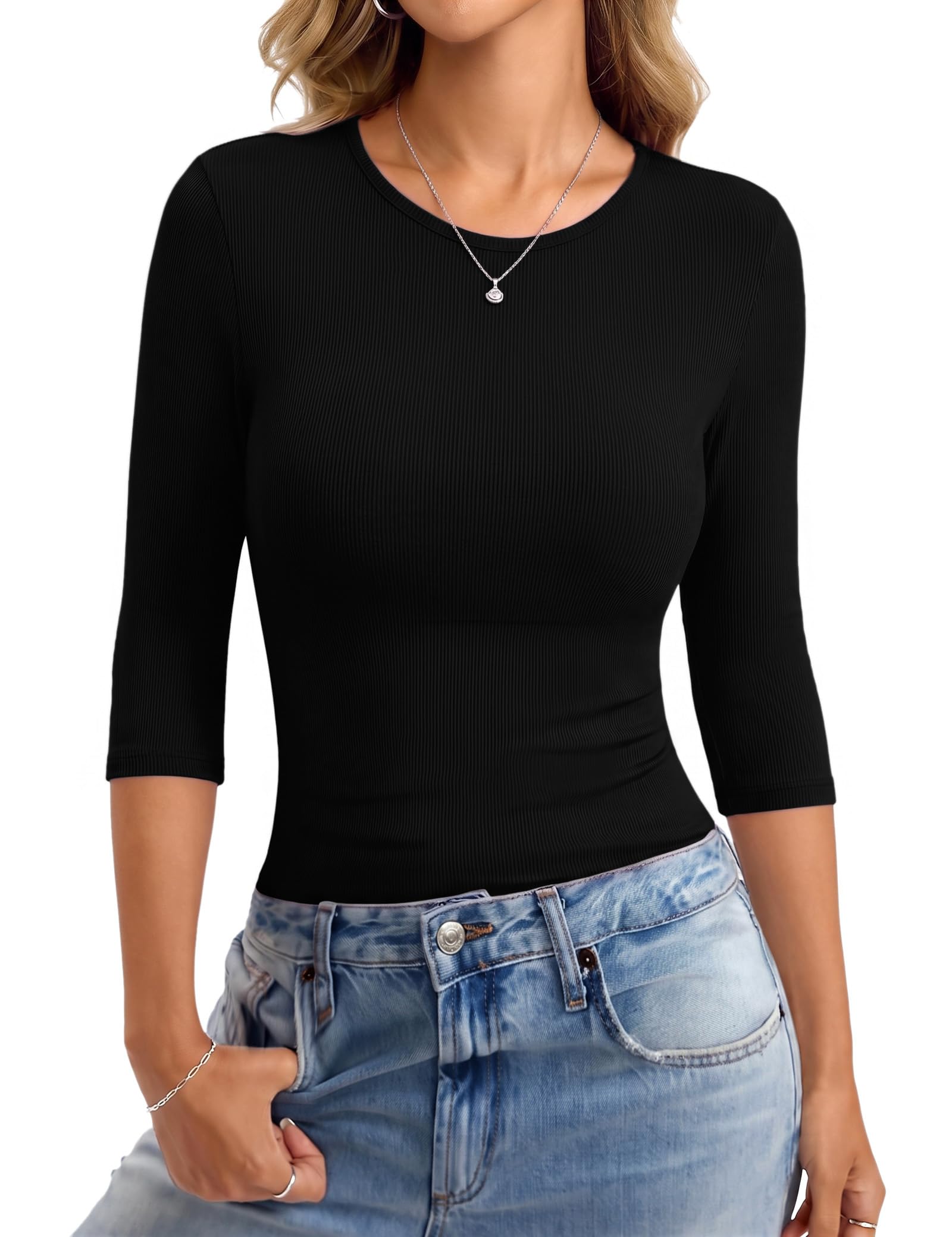 Totatuit Damen T-Shirt 3/4 Arm Rundhals Oberteile Gerippt Slim Fit Top | Elegant, Weich, Elastisch, Atmungsaktiv, Hautfreundlich, Figurbetonter Schnitt mit moderner Silhouette, Ganzjährig tragba