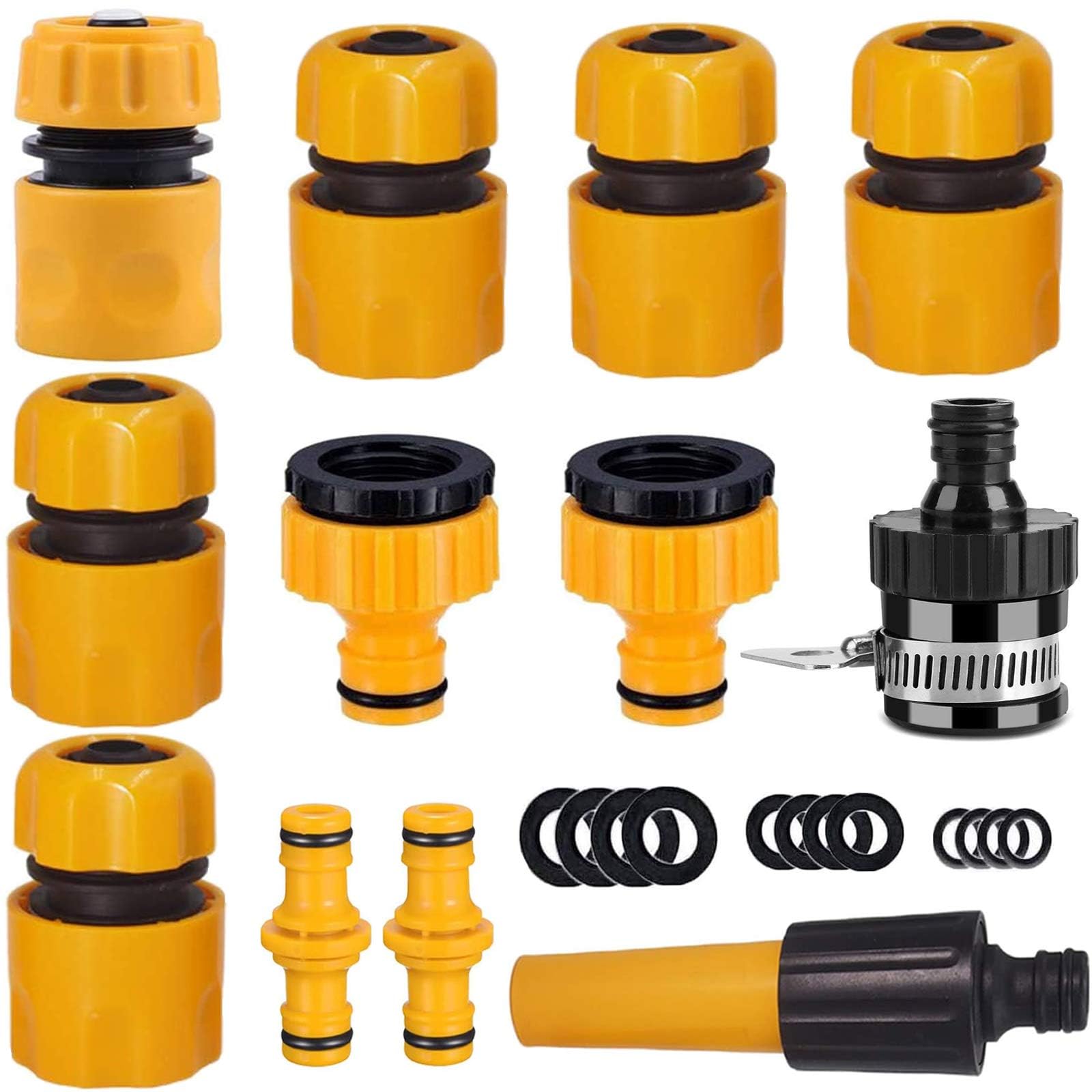 NALACAL Garden Hose Fitting Set, 1 Nozzle, 5 End Quick Connector,Hose Waterstop Connector,2 Double Male Snap Connector,2 Hose Tap Connector 1/2 Inch and 3/4 Inch Size 2-in-1