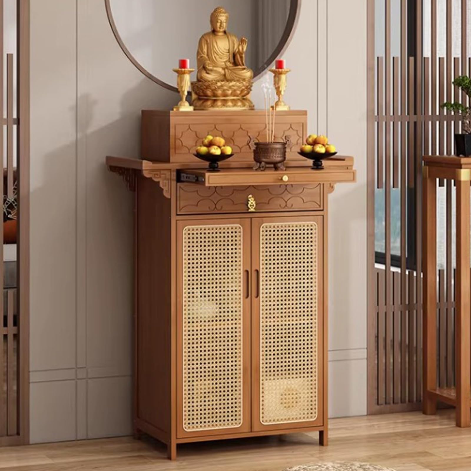 LSOPCYE Chinese Shrine Altar Table, Bamboo Buddha Buddhist Altar Cabinet