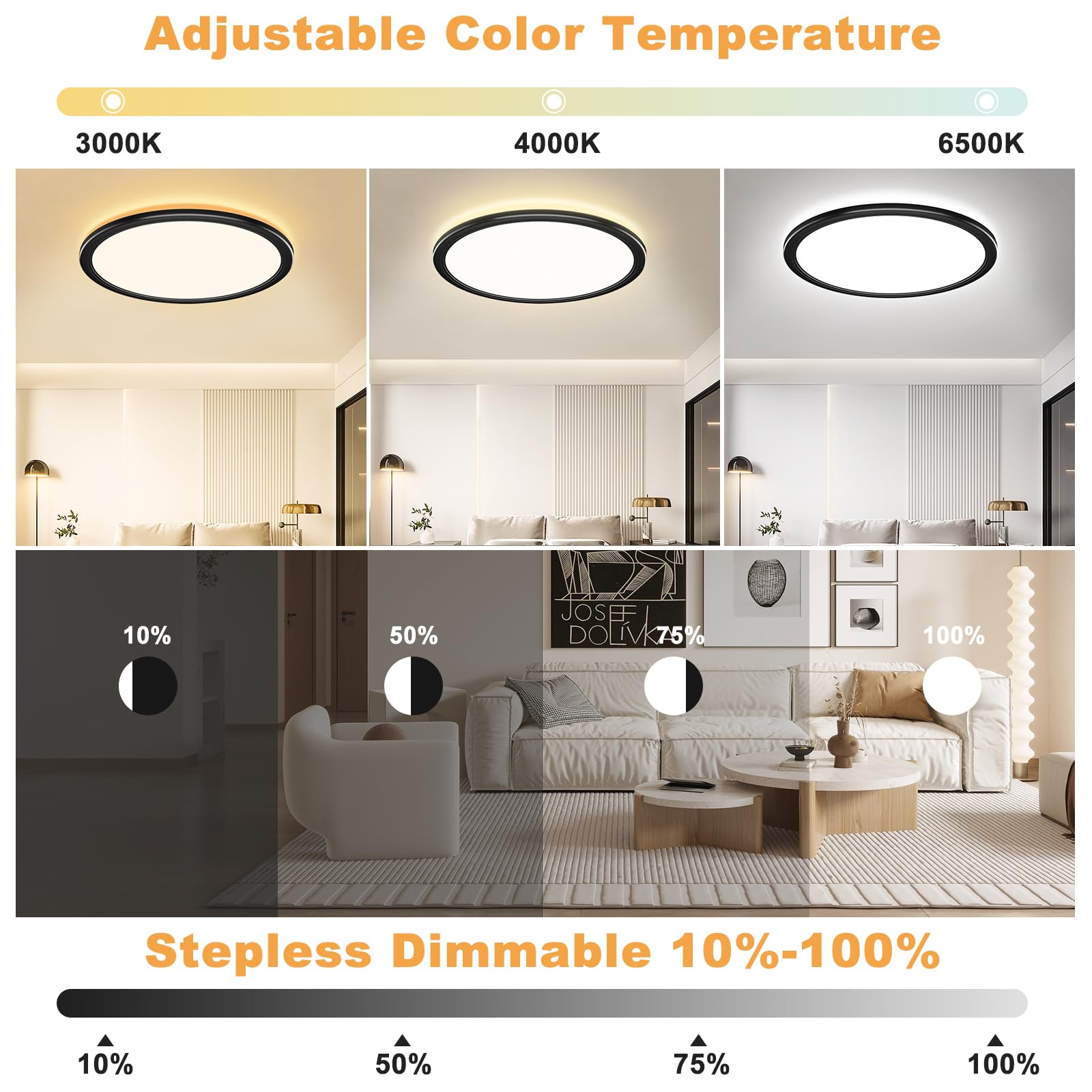 OUILA Ø30cm Dimmerabile Lampadario con Telecomando, 24W Plafoniera Dimmerabile 3000K-6500K Plafoniera LED Soffitto 2400LM Plafoniere per Soggiorno Camera da Letto Cucina Bagno (Nera, 2 Pezzi)