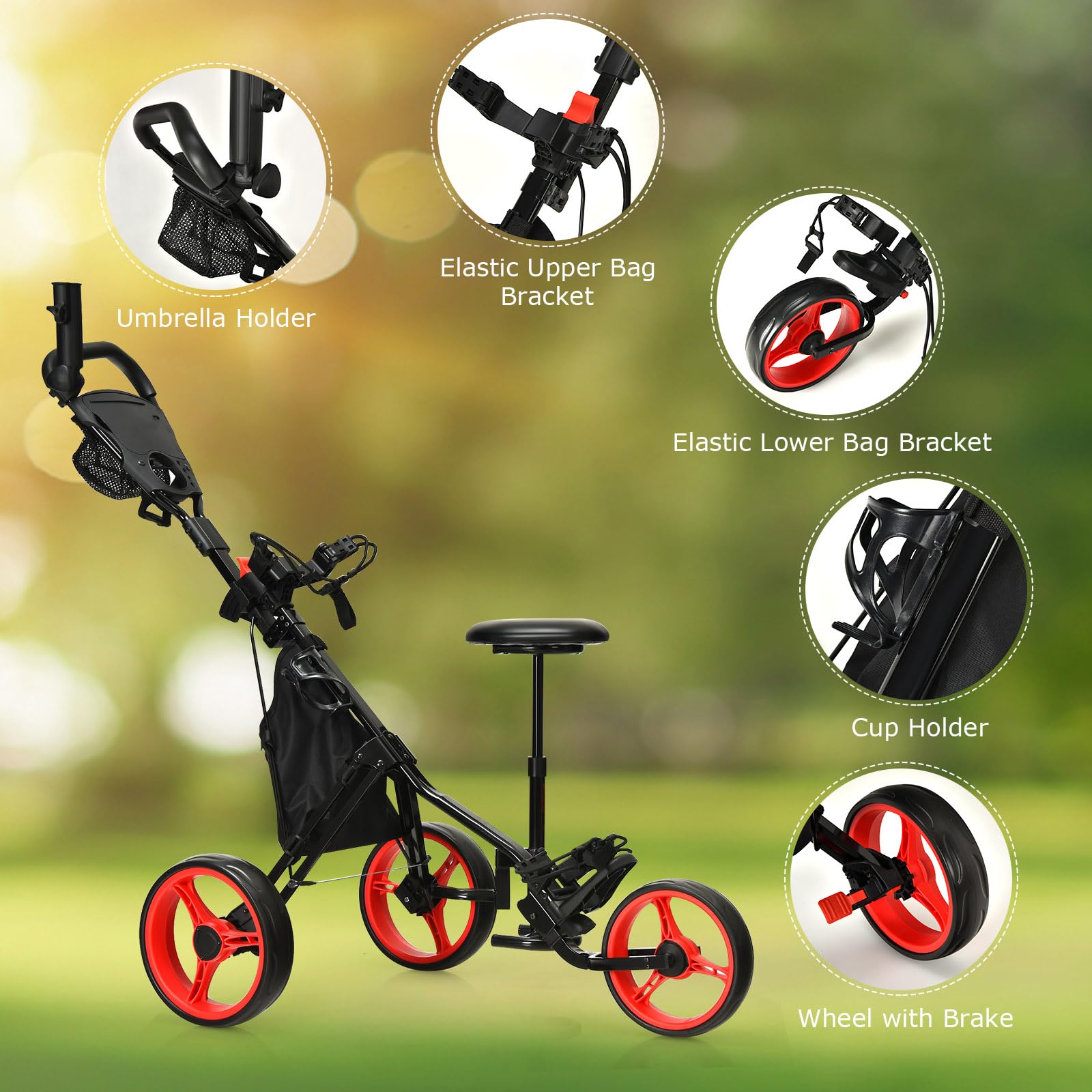LIFEZEAL Carrito de Golf Plegable, Carrito de Golf con 3 Ruedas, Carro de Golf con Marcador y paragüero, Carrito metálico de Golf con Bolsa de Almacenamiento y Freno de pie