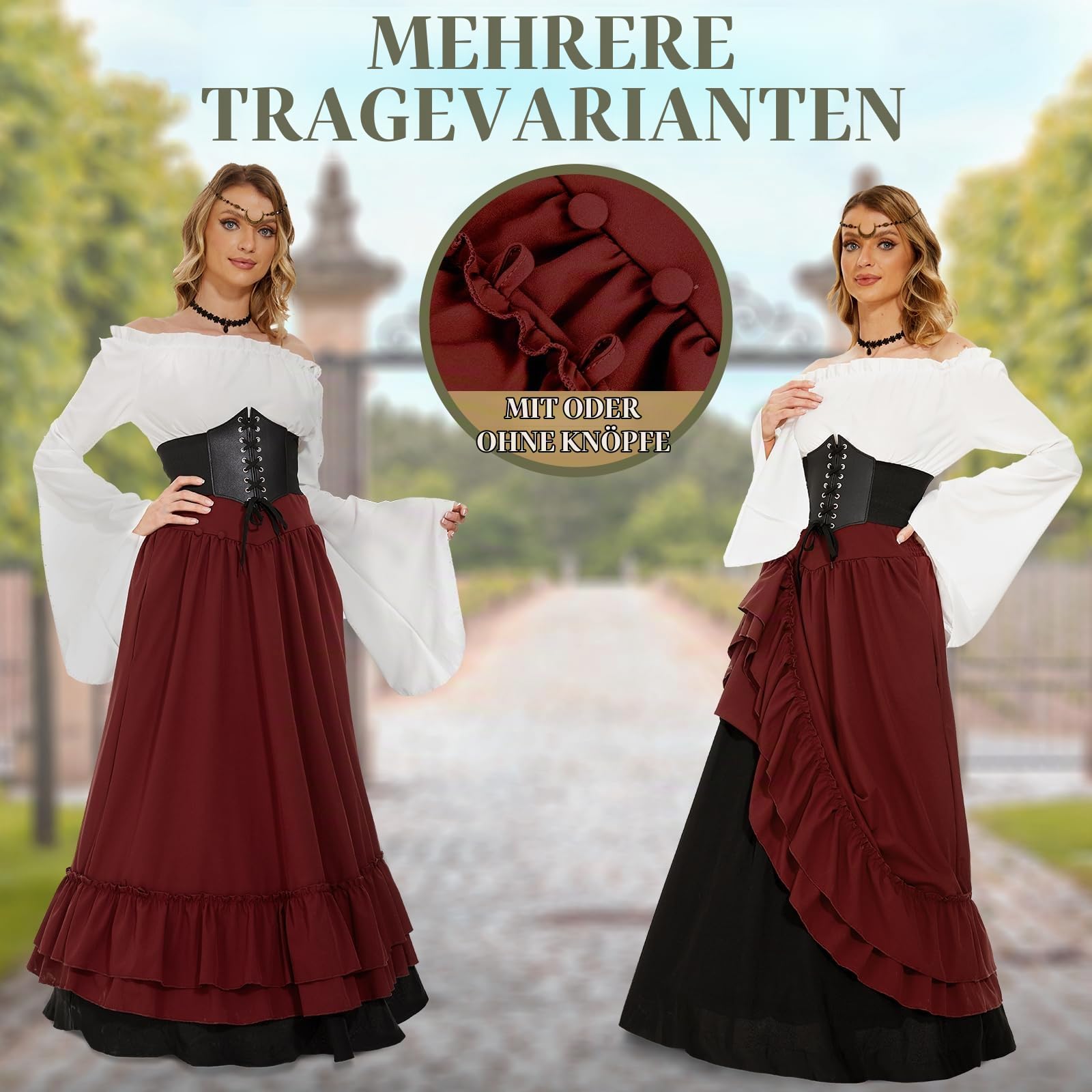 JONRRYIN Mittelalter Kostüm für Damen, Renaissance Viktorianisches Kleid, Mittelalter Kleidung Accessoires mit Ausgestellten Ärmeln und Hoher Taille, Gothic Retro Kleid Karneval Halloween (Rot, S)