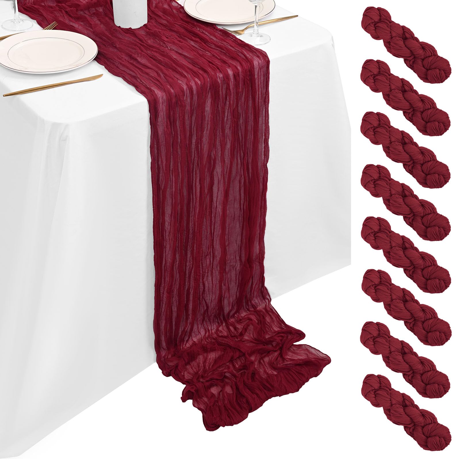 8 Pack Burgundy Cheesecloth Table Runner 10FT, Burgundy Cheese Cloth Table Runner Rustic Gauze Fabric Sheer Boho Wedding Table Decoration for Wedding Reception Bridal Shower Baby Shower(90x300cm)
