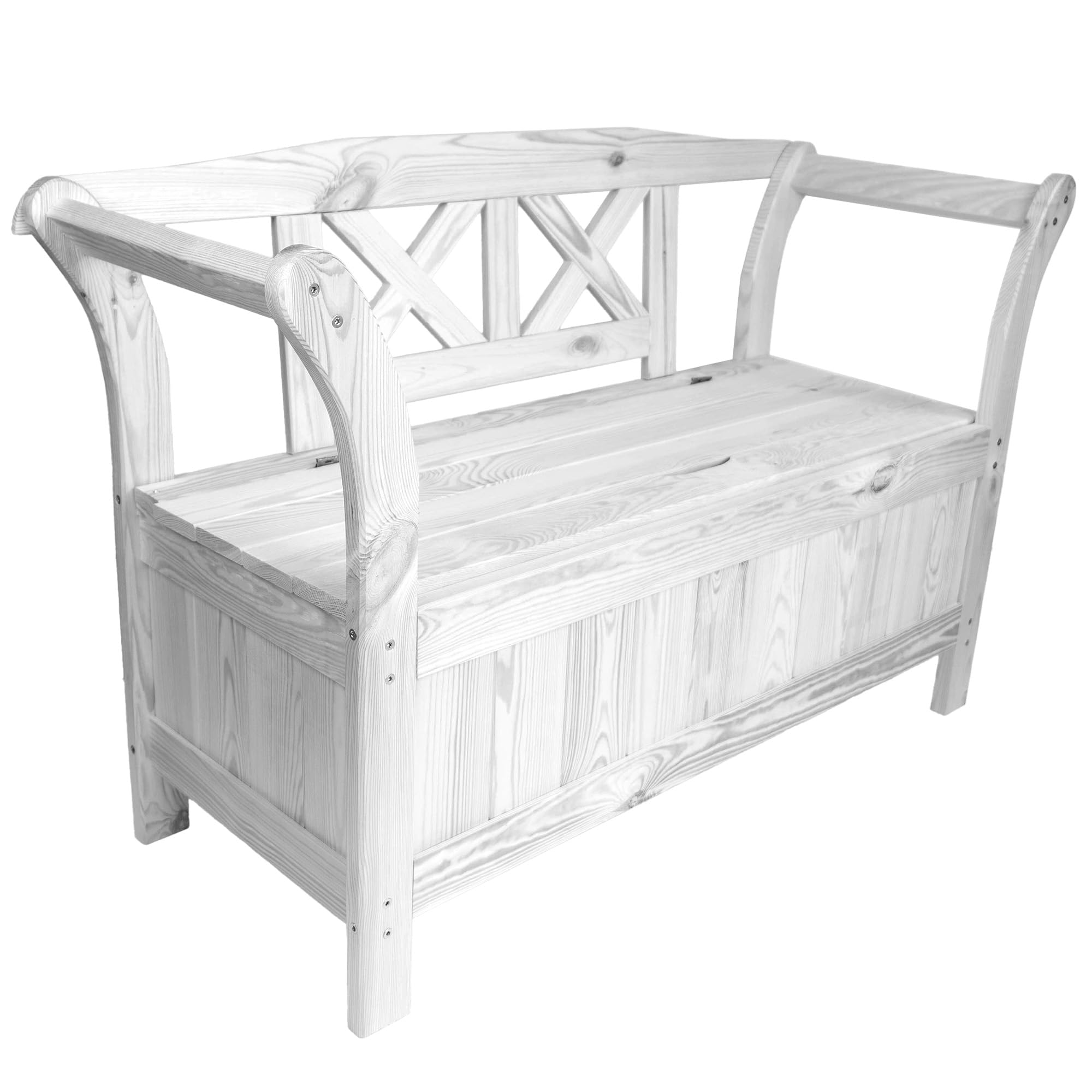 KADAX Gartenbank, 119x45x73 cm Banktruhe aus Einer Holzfaserplatte, Sitzbank mit Stauraum und Rücklehne, Holzbank für Garten, Balkon (119 cm/Weiß)