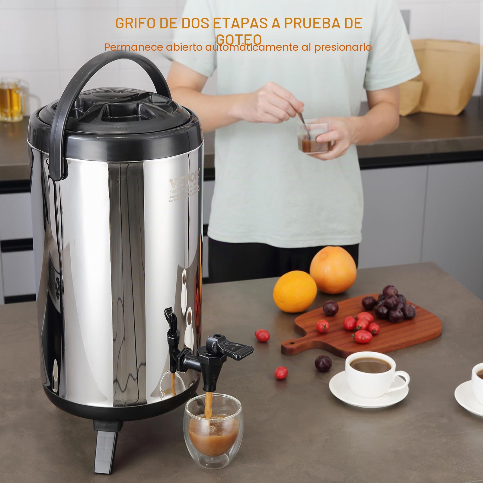 VEVOR Dispensador de Bebidas Aislado Dispensador de Agua Fría y Caliente No Eléctrico 9,2 L Almacenamiento de Alimentos de Acero Inoxidable Contenedor Aislado 4-6 H con Grifo Portátil para Camping