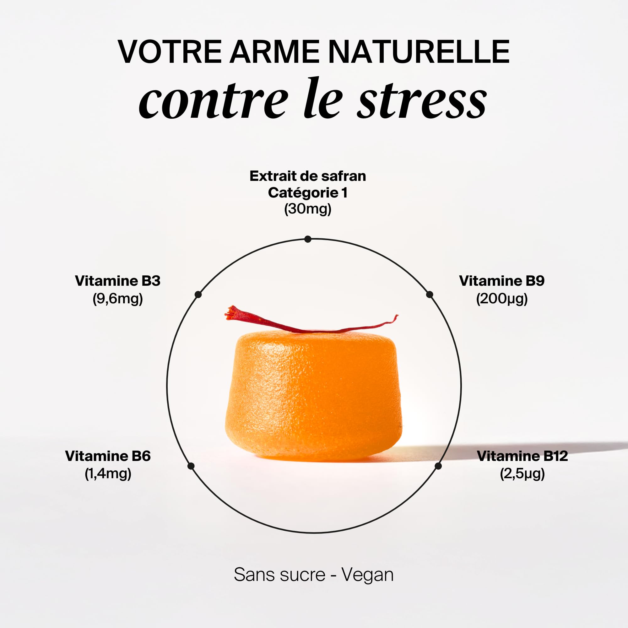 Naali Gummies Anti Stress Safran Vitamines B3 B6 B9 B12 – 60 Gommes - Fatigue, Soutien de l’Humeur, Énergie Mentale – Sans Sucre, Goût Mangue – Complément Bien-Être, Équilibre Intérieur