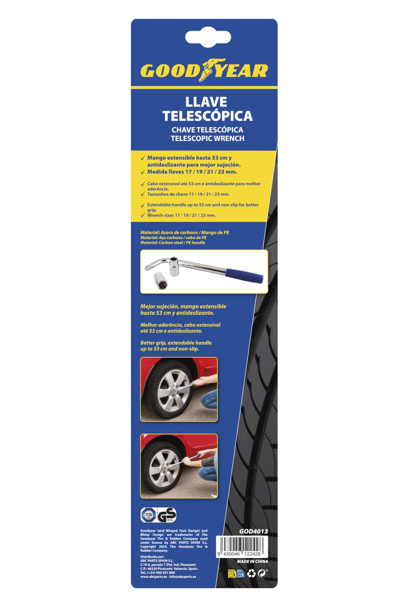 Goodyear Chiave per ruote telescopica Estendibile da 17 mm / 19 mm / 21 mm / 23 mm. Con impugnatura ergonomica. Facile e confortevole.