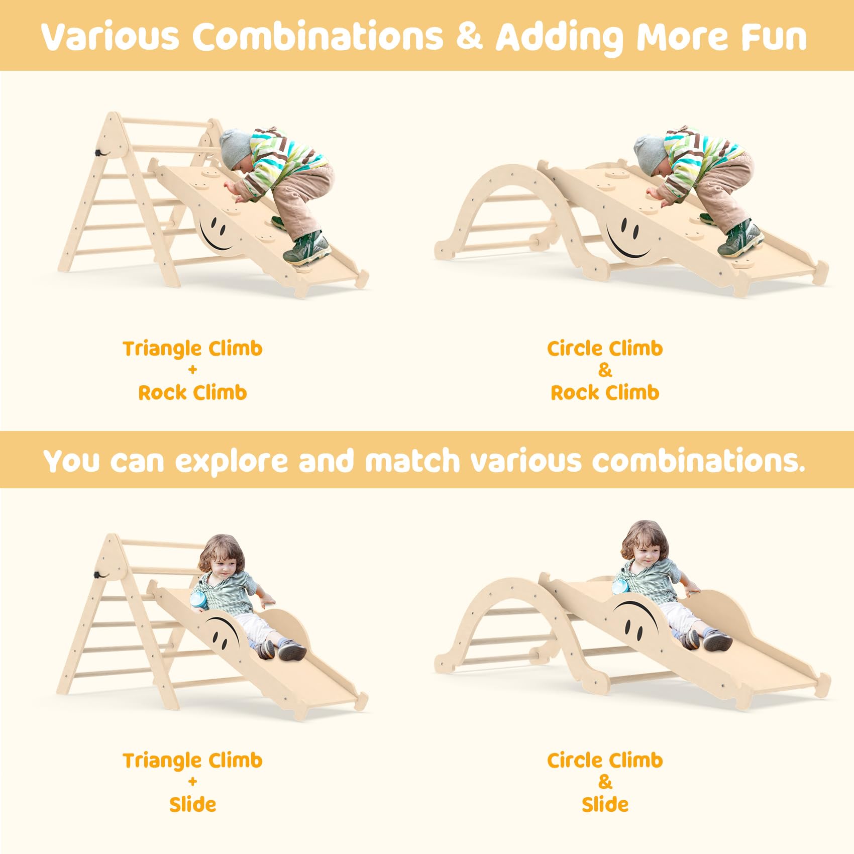 BIERUM Pikler Triangle Set 8 in 1 with Seesaw Design, Montessori Foldable Toddler Climbing Toys with Ramp, Wooden Pickler Climbing Set, Indoor Baby Climbing Gym, Natural