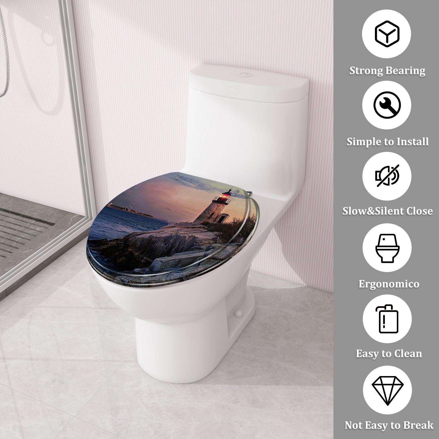 Round Toilet Seat Castle Hill Lighthouse Resin Toilet Seat Quietly Close Quick Release Hinges Decorative Toilet Seat with Cover Easy to Install