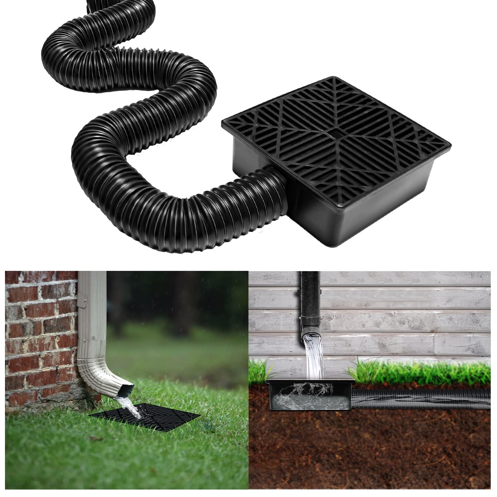 Nicht Grabender Auffangbecken Fallrohr Verlängerungsset, PVC Dachrinnen Ablaufanschluss Set mit Gitter-Abflussdeckel, 23 x 23cm Auffangbecken mit 155 cm Verlängerbarer Schlauch