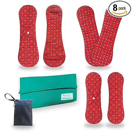 Saukhyam Heavy Flow Reusable Sanitary Pads for Women (8 Piece Set) with Dual Protection Bases and Inserts | Menstrual Pad Pack with Day & Night Cloth Pads | Wet Bag & Pouch Extra | Rash-Free Eco-Friendly Periods with Super Absorbent Banana Fiber