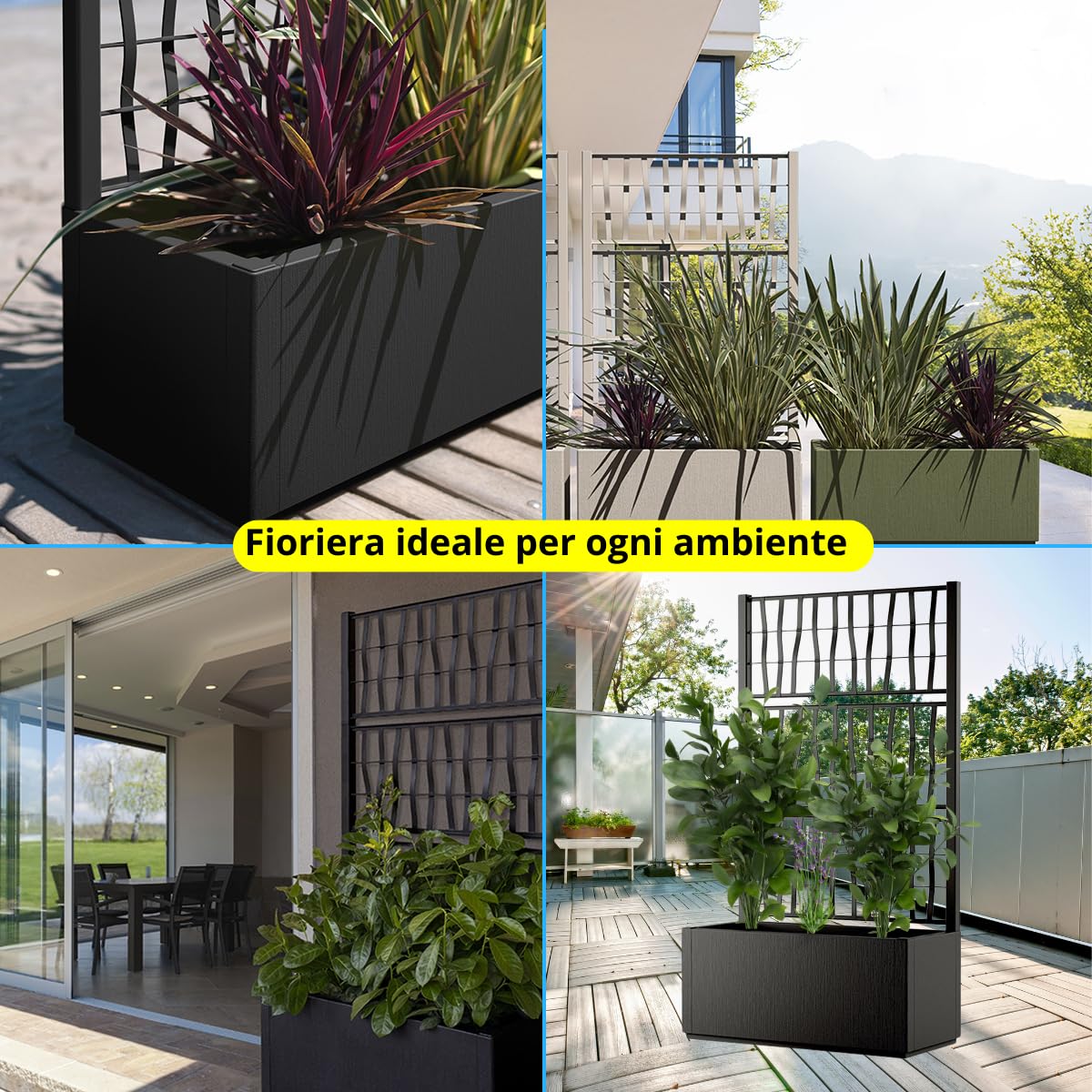 Tomaino - Jardinera con enrejado de plástico, separación de malla para plantas trepadoras para el exterior, terraza, jardín 80x36x140 h cm (Jardinera con enrejado, Negro)