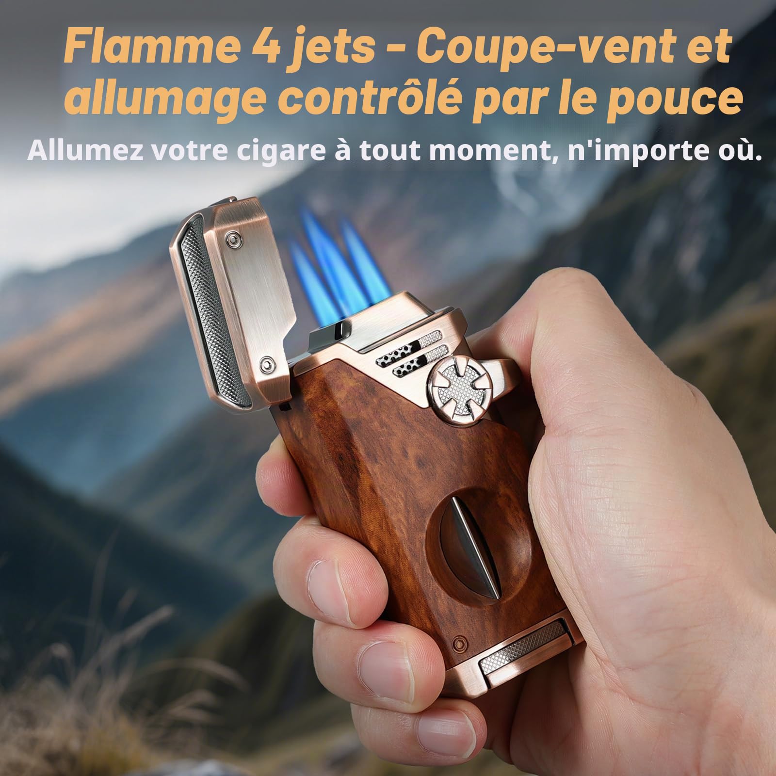 Joyoldelf Briquet torche à quatre flammes – Briquet jet butane rechargeable coupe-vent avec cutter, poinçon et fenêtre de carburant (sans butane) – Cadeau de qualité supérieure pour homme, fumage en