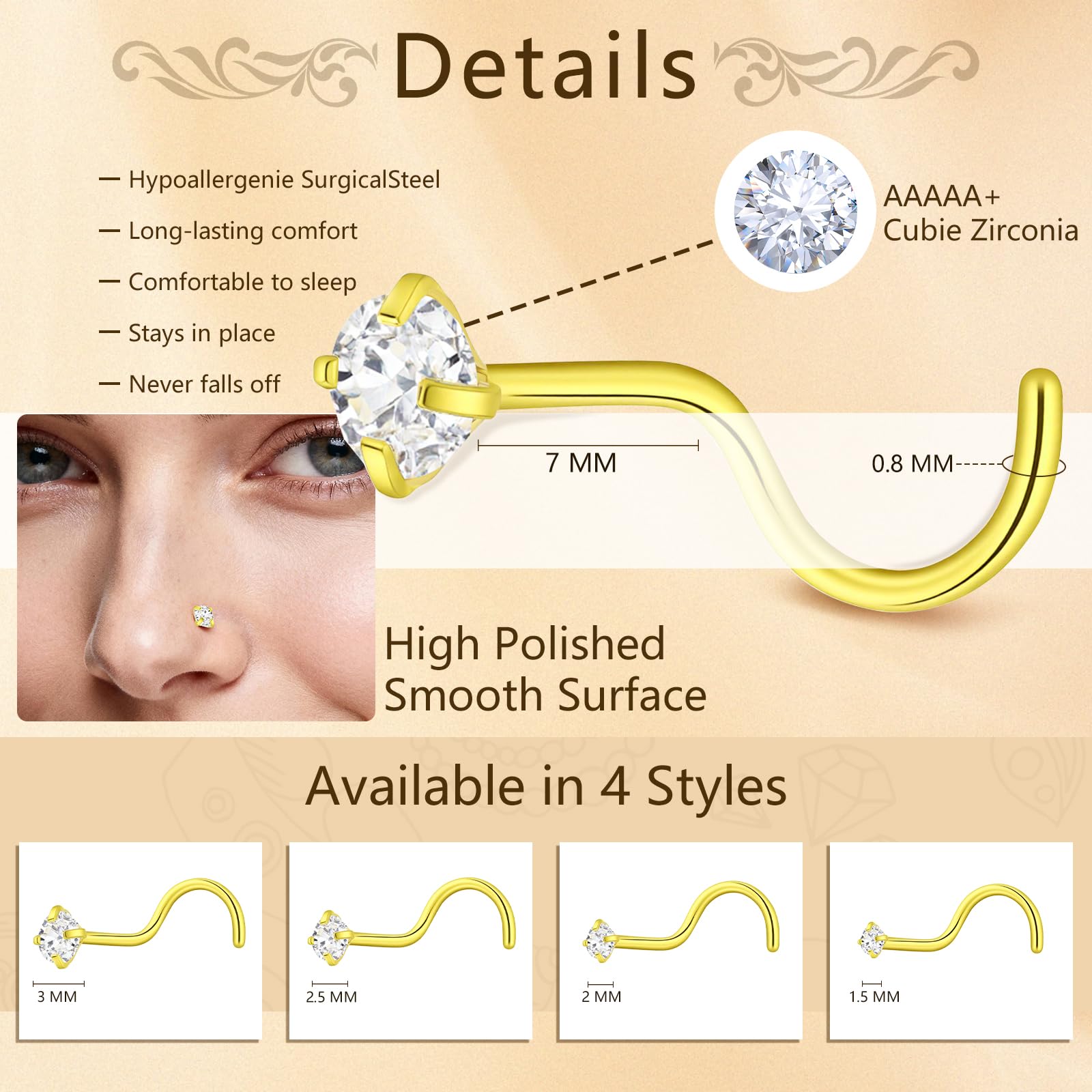 Juego de aros de nariz dorados de 18 g y aretes de nariz de 20 g para mujeres y hombres, hipoalergénicos, de acero inoxidable quirúrgico 316L, sacacorchos para la nariz, tornillo de nariz de