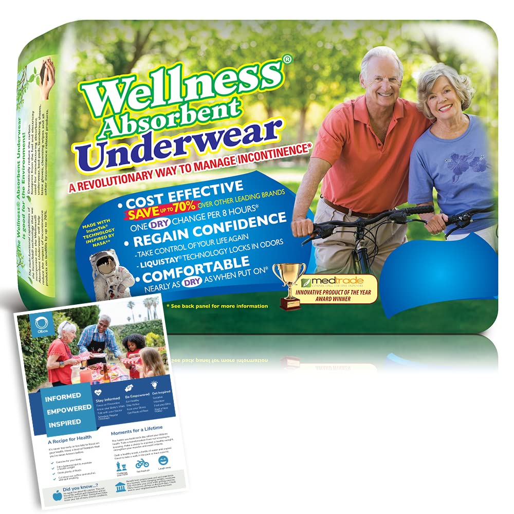 Unique Wellness Absorbent Underwear (Pull-Ups) Pack Bundled with Olbos Health Card - Size Medium (19–30 Waist) 16 Count