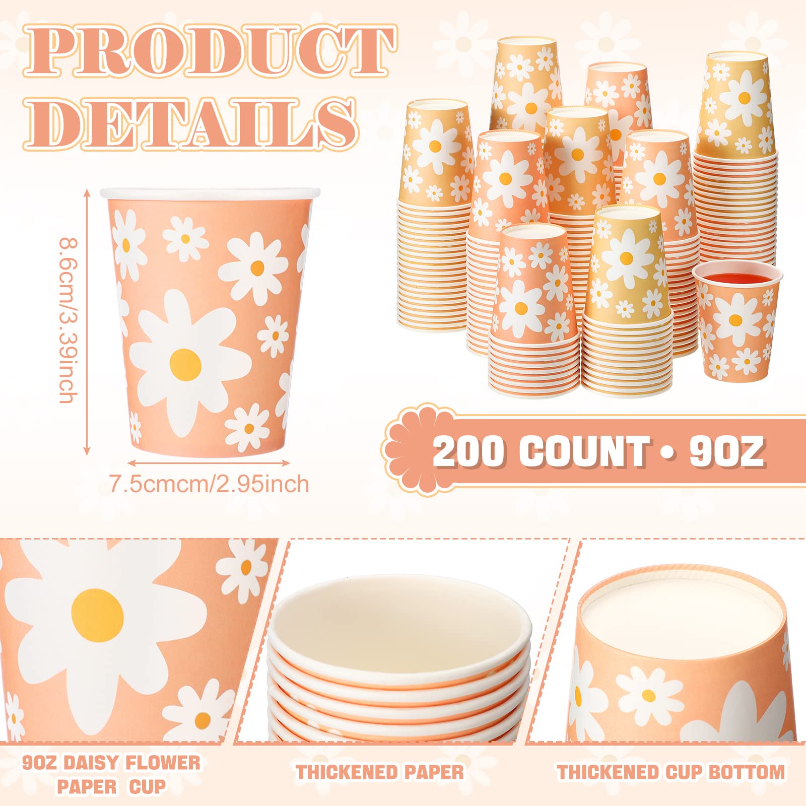 200 Pcs 9 oz Disposable Cups Daisy Paper Cups Flower Design Coffee Cups Cold Beverage Drinking Cups for Juice Water Office Home Party Supplies