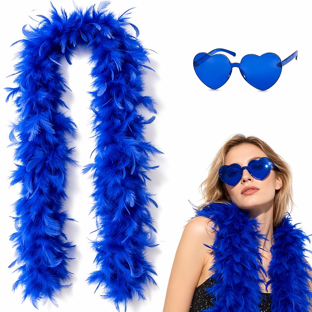 2Pcs Feather Boa Set, Blue Feather Boa with Blue Heart Sunglasses for party
