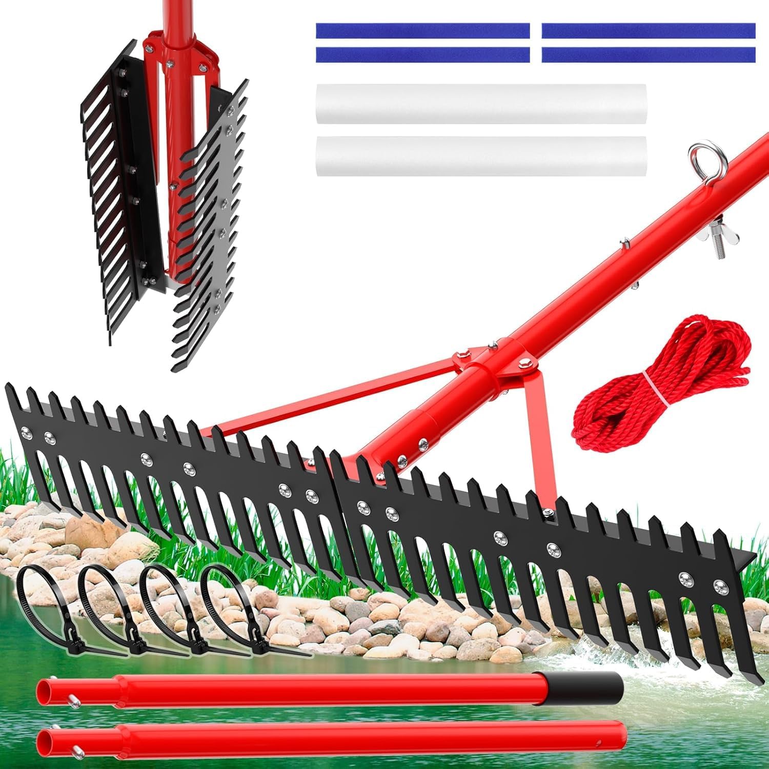 Extra Large Aquatic Weed Rake Heavy Duty Aluminum Pond Rake with 6" Metals Long Tines 37" Double Sided Floating Lake Harrow 11' Pole for Removal of Weeds Leaves & Floating Scum( Patents Pending)