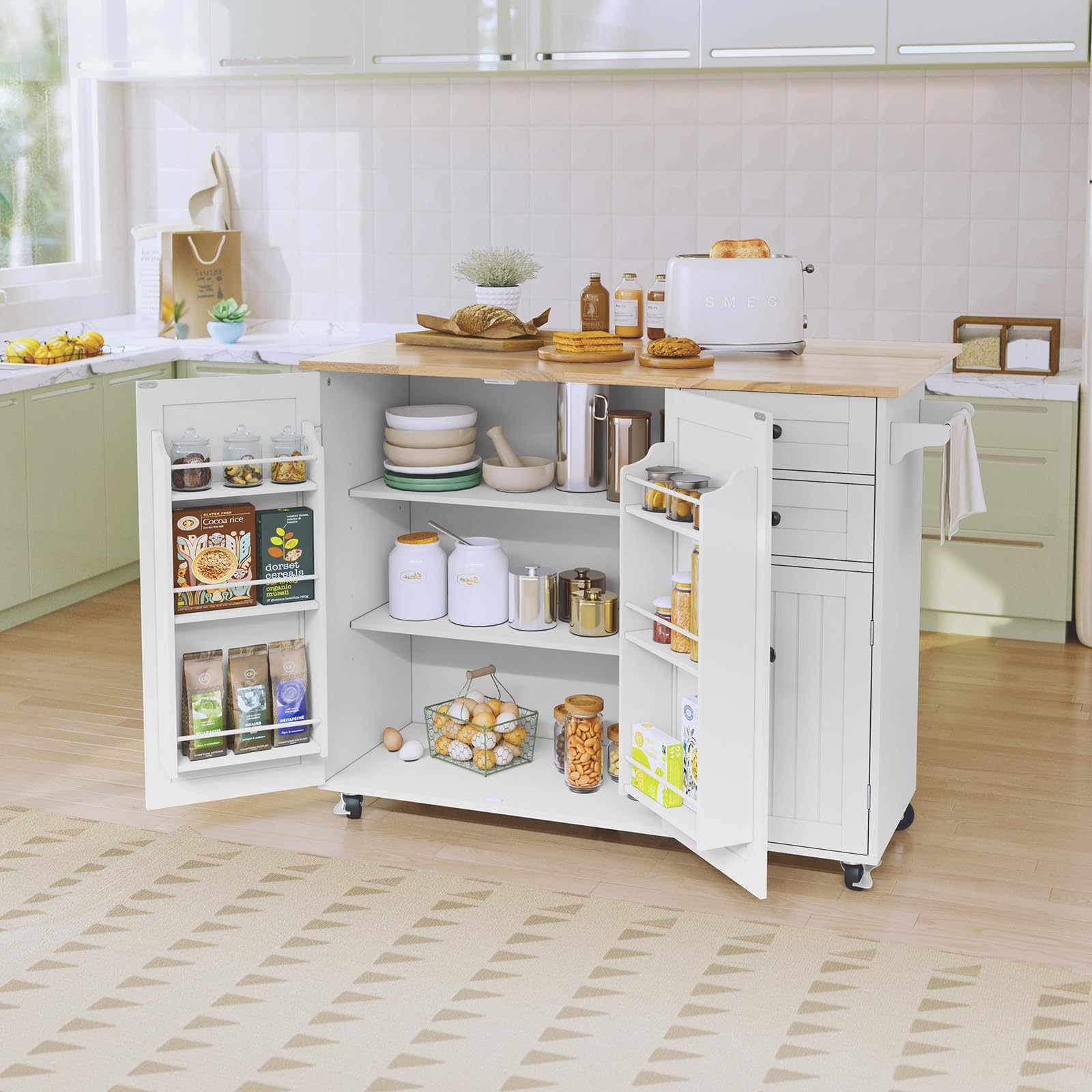 HOLTICO Isola da Cucina su Ruote con Piano in Legno di Gomma, Isola con Ripiani Regolabili, Cassetti e Portaspezie, Mobile Multifunzione, Bianco