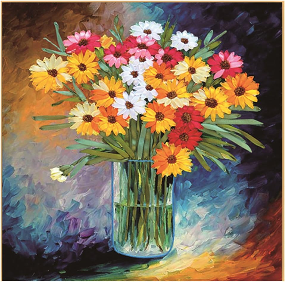Egoshop Silk Ribbon Embroidery Kit Oil Painting Bouquet DIY Wall Decor Stamp Silk Embroidery kit with English Instruction