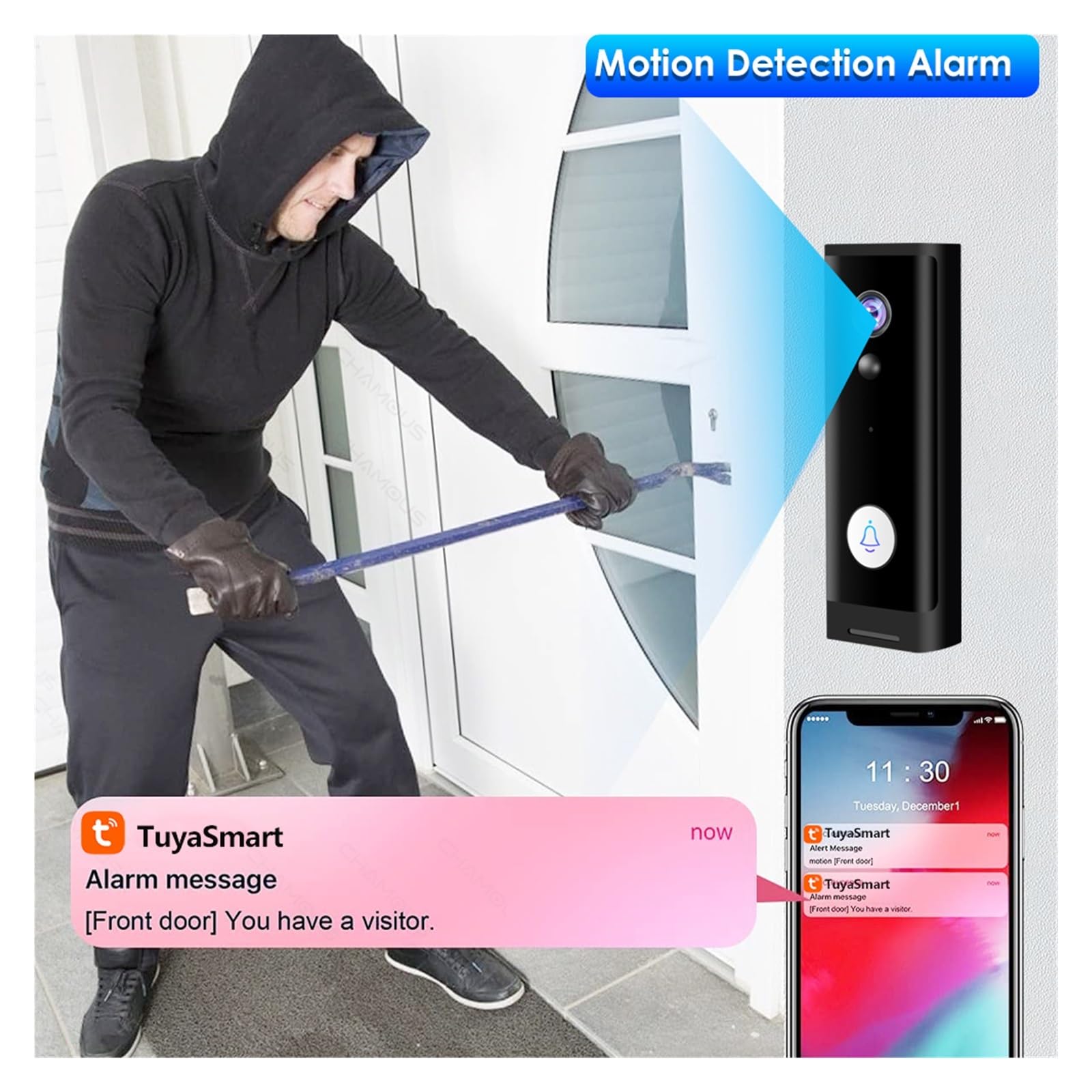 THikk Tuya – Sonnette sans Fil WiFi, caméra 1080P HD, visiophone, Vie Intelligente, Audio bidirectionnel, Alexa Home, Mini interphone, Carillon de Porte(Option 4,E/U)