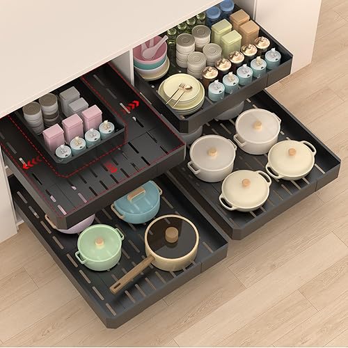 Miniatura 10 de Organizador de gabinete extraíble, ancho ajustable (14-19 pulgadas) y profundidad (17-24 pulgadas) expandible, cajones deslizantes sin taladrar