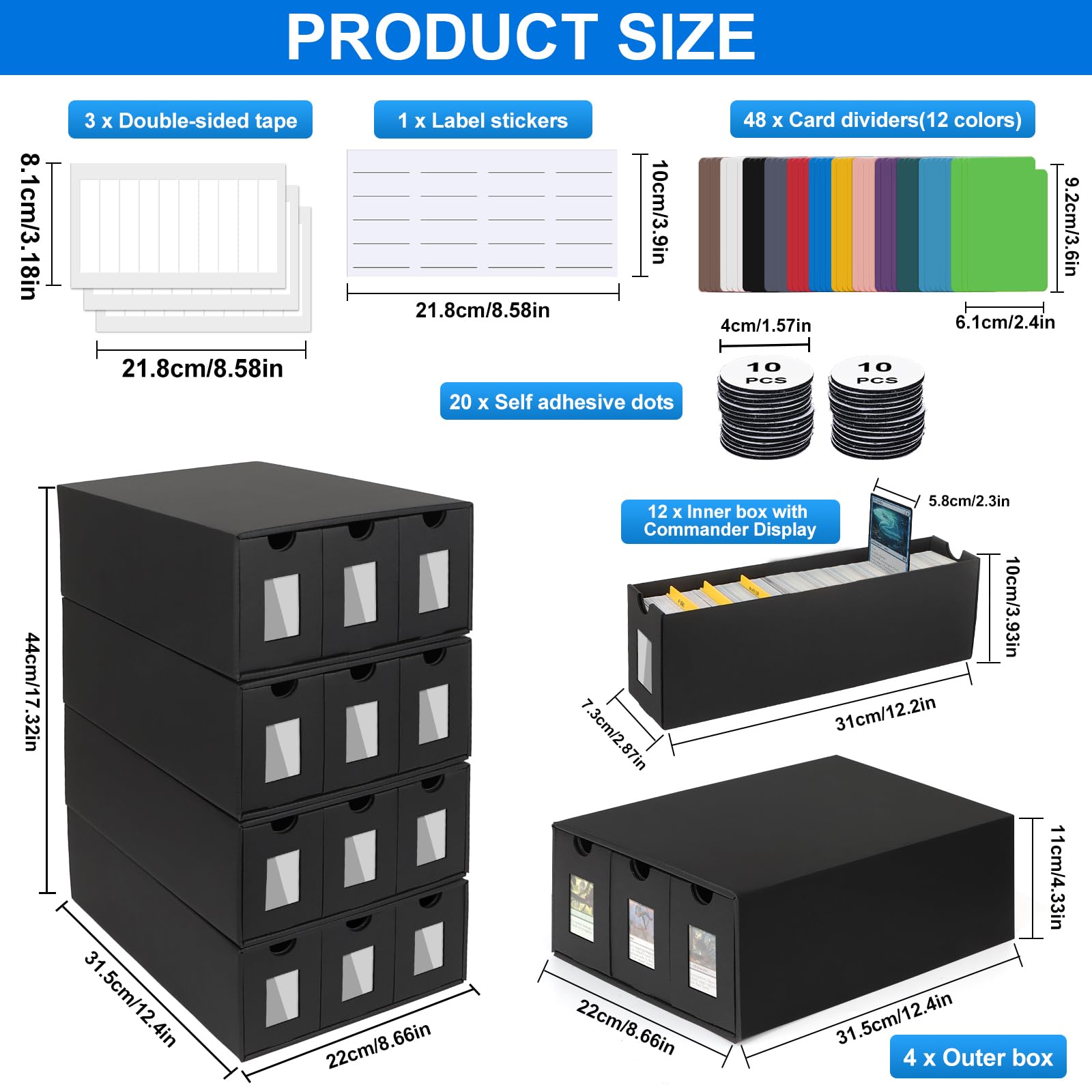 BILIPLE 12000+ Trading Card Storage Box for Commander Display, Card Deck Box Cardboard with 48 Dividers, Labels & Tapes, Trading Card Collection Box Fit for TCG, PTCG, MTG and Sport Cards